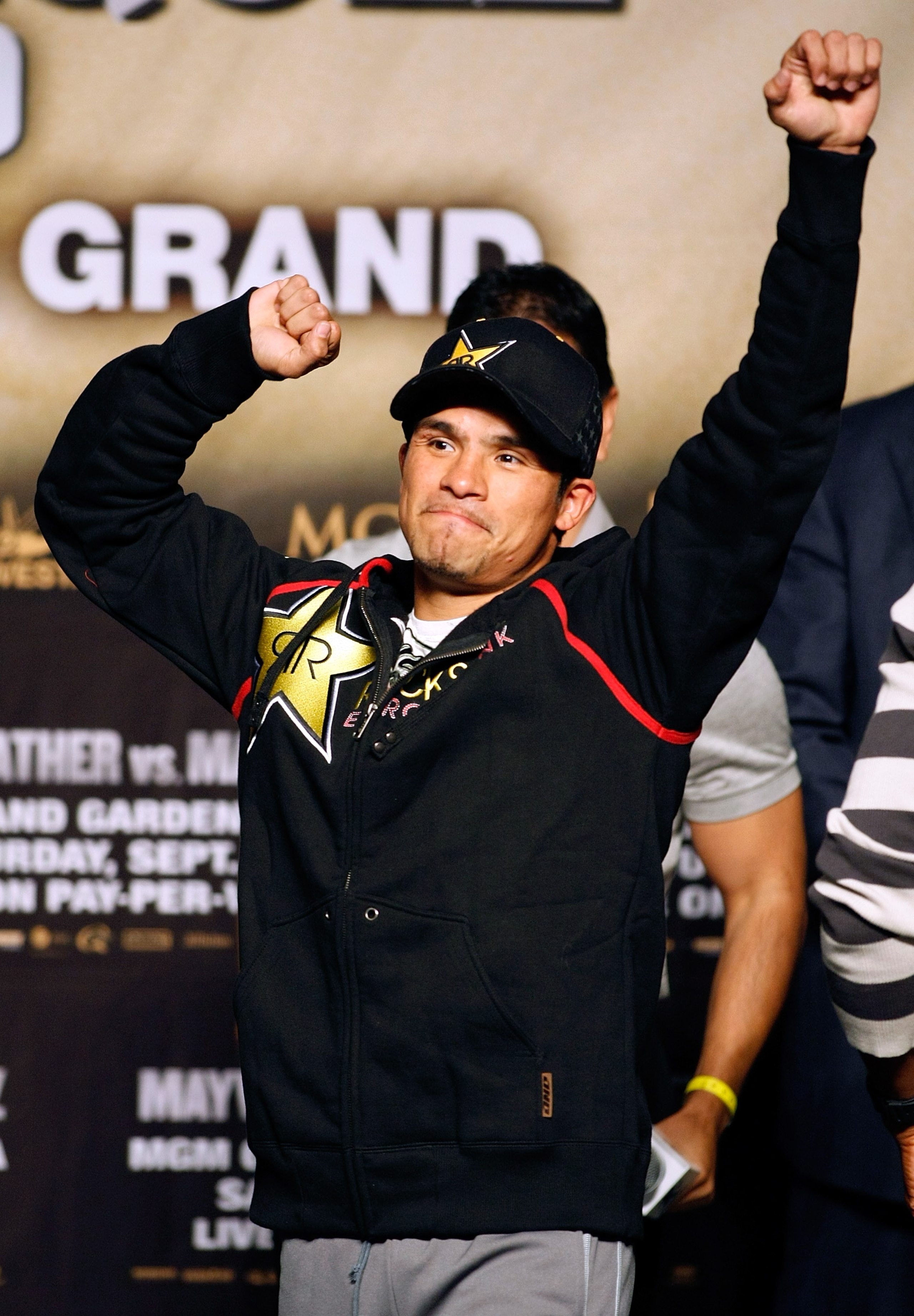 LAS VEGAS - SEPTEMBER 18:  Boxer Juan Manuel Marquez gestures during his official weigh-in for his fight with Floyd Mayweather Jr. at the MGM Grand Garden Arena September 18, 2009 in Las Vegas, Nevada. The two will fight at the MGM on September 19.  (Phot
