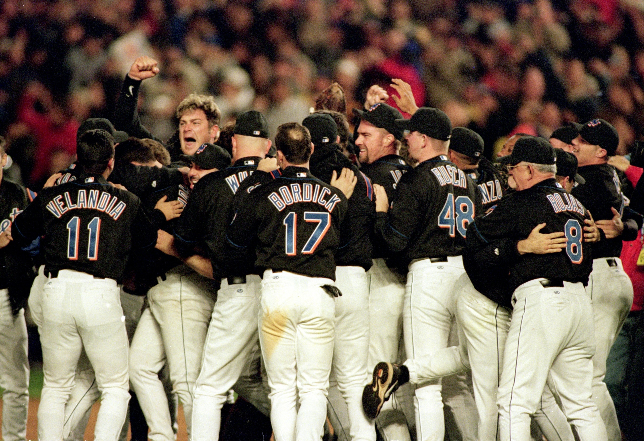 16 Oct 2000: The New York Mets celebrate with win on the field after the National Leage Division Series Game Five against the St. Louis Cardinals at Shea Stadium in Flushing, New York. The Mets defeated the Cardinals 7-0.Mandatory Credit: Al Bello /Allsp 16 Oct 2000: The New York Mets celebrate with win on the field after the National Leage Division Series Game Five against the St. Louis Cardinals at Shea Stadium in Flushing, New York. The Mets defeated the Cardinals 7-0.Mandatory Credit: Al Bello /Allsp