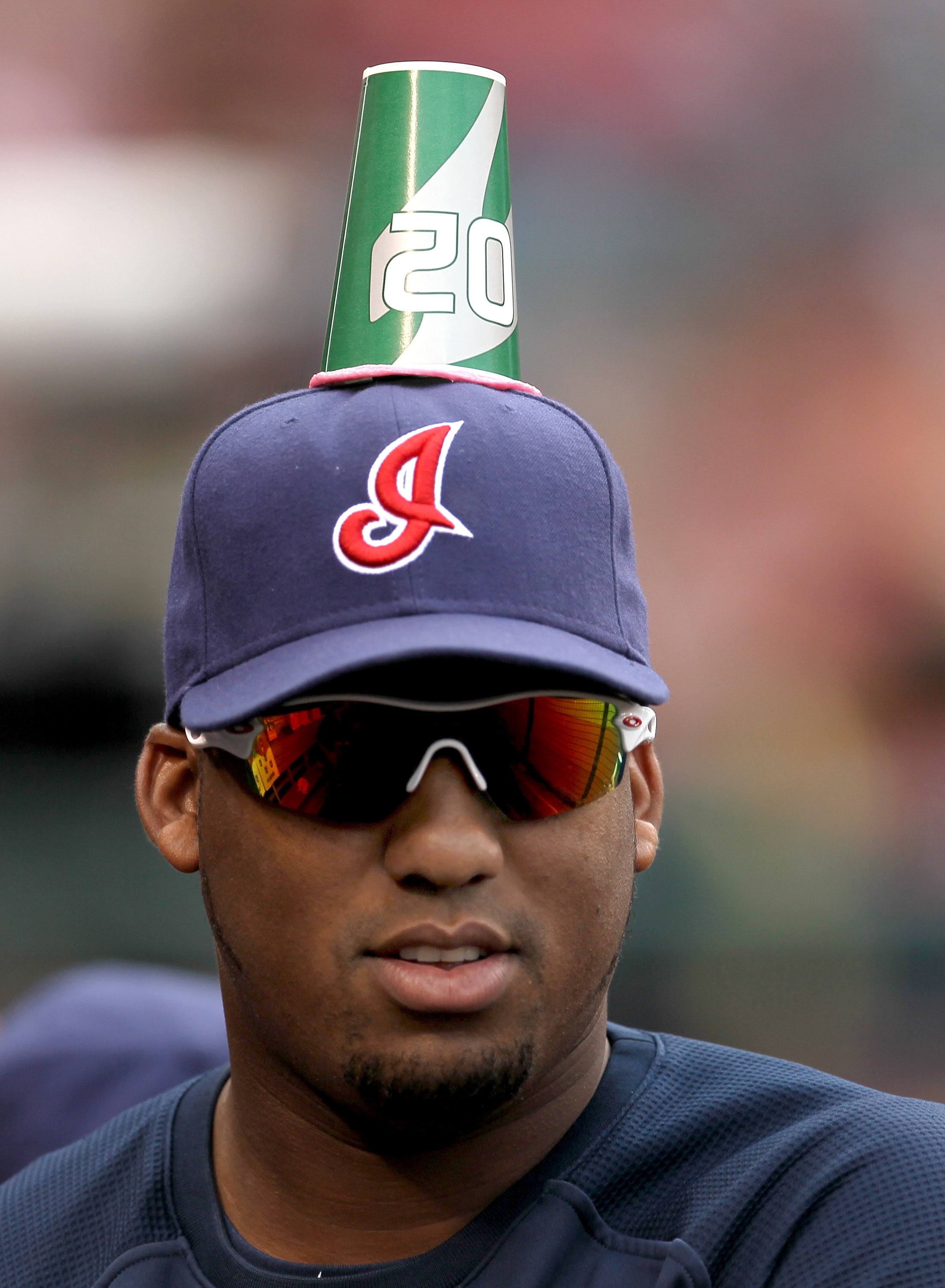 ANAHEIM, CA - SEPTEMBER 8: Pitcher Fausto Carmona #55 of the Cleveland Indians unknowingly wears a paper cup stuck to his hat put there by teammates as a prank during the game with the Los Angeles Angels of Anaheim on September 8, 2010 at Angel Stadium i
