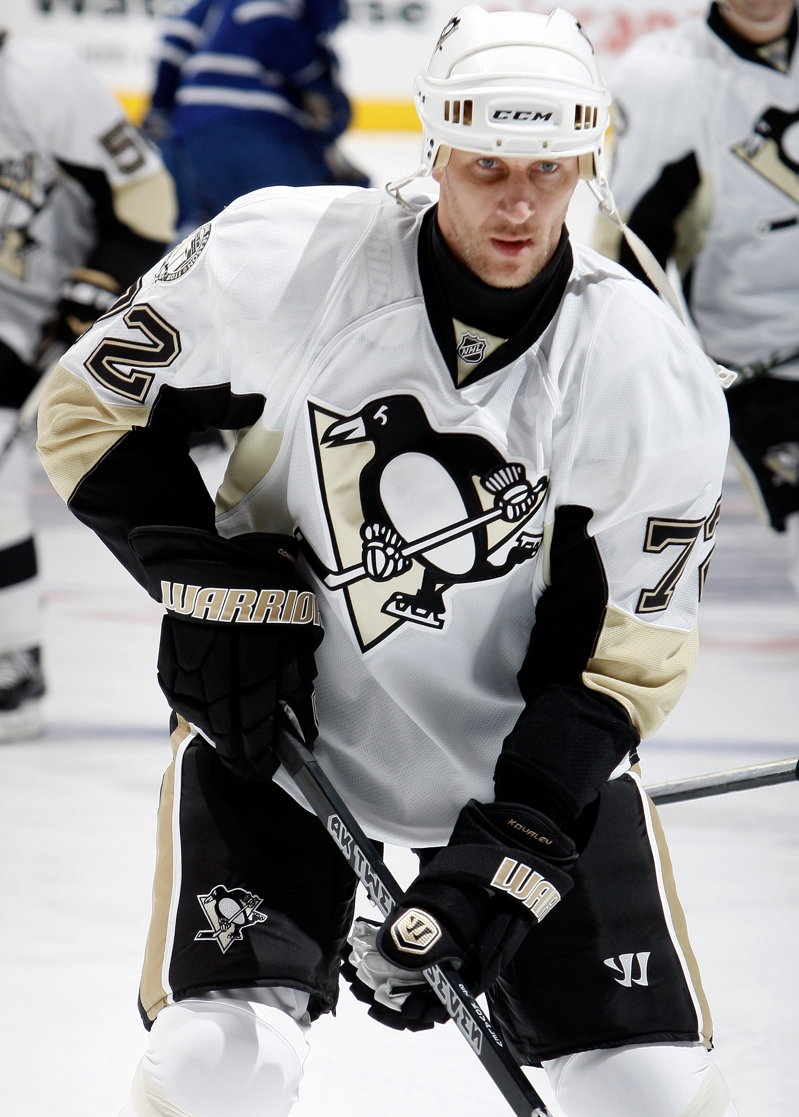 TORONTO, CANADA - FEBRUARY 26: Alexei Kovalev #72 of the Pittsburgh Penguins shoots during warmup before game action against the Toronto Maple Leafs at the Air Canada Centre February 26, 2011 in Toronto, Ontario, Canada. (Photo by Abelimages/Getty Images)