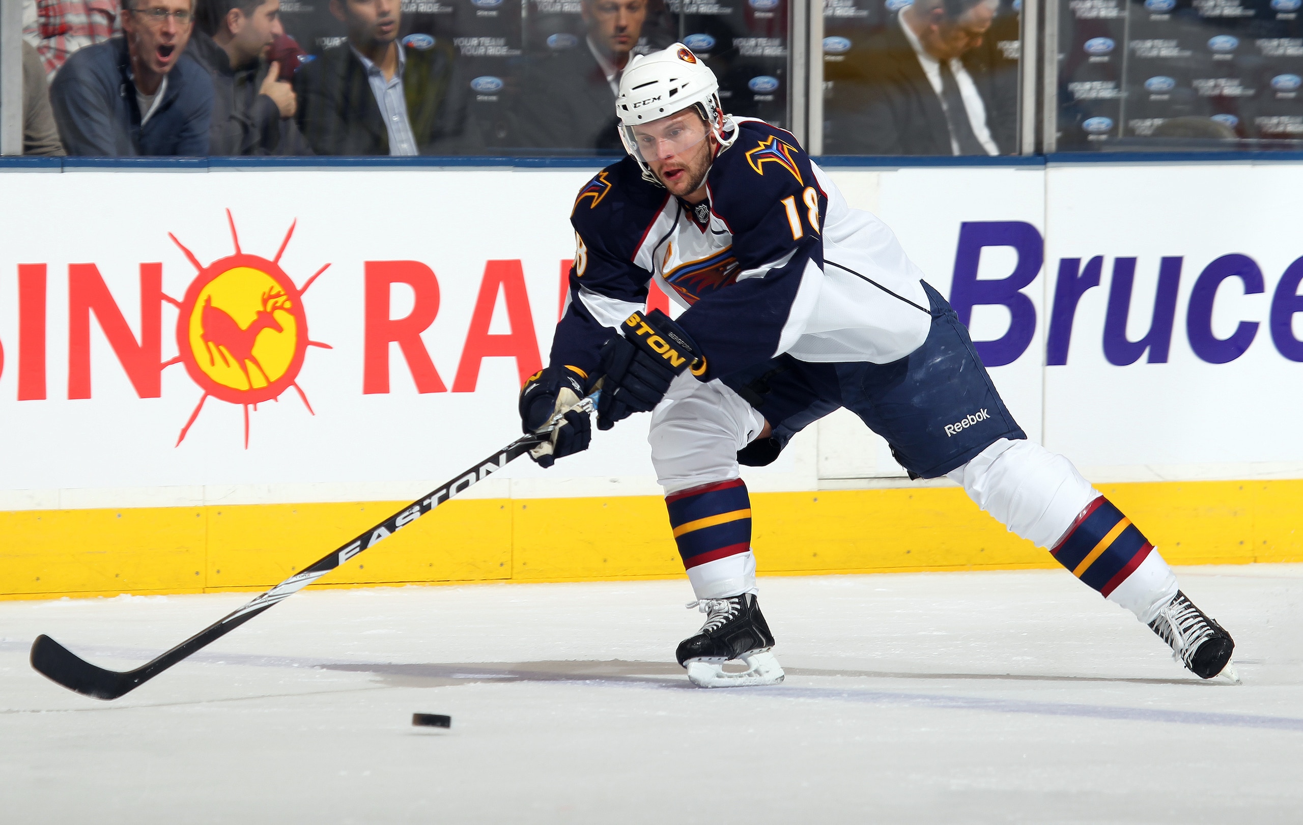 TORONTO, CAN - FEBRUARY 7:  Niclas Bergfors #18 of the Atlanta Thrashers collects a pass in a game against the Toronto Maple Leafs on February 7, 2011 at the Air Canada Centre in Toronto, Canada. The Leafs defeated the Thrashers 5-4. (Photo by Claus Ander