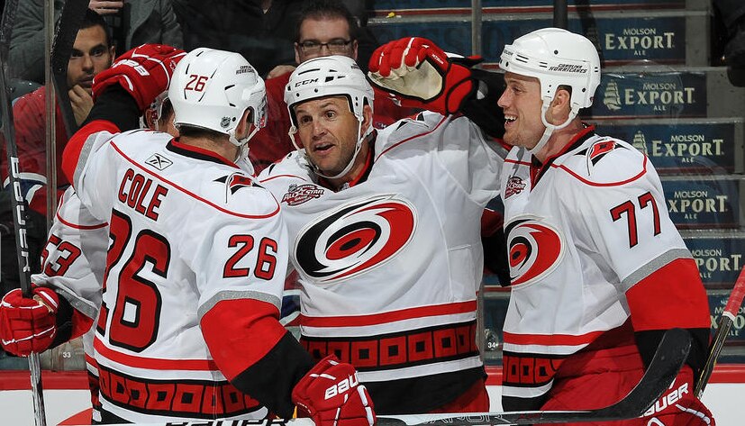 Stillman scores his first goal back with Carolina. Photo Credit: NHL.com.