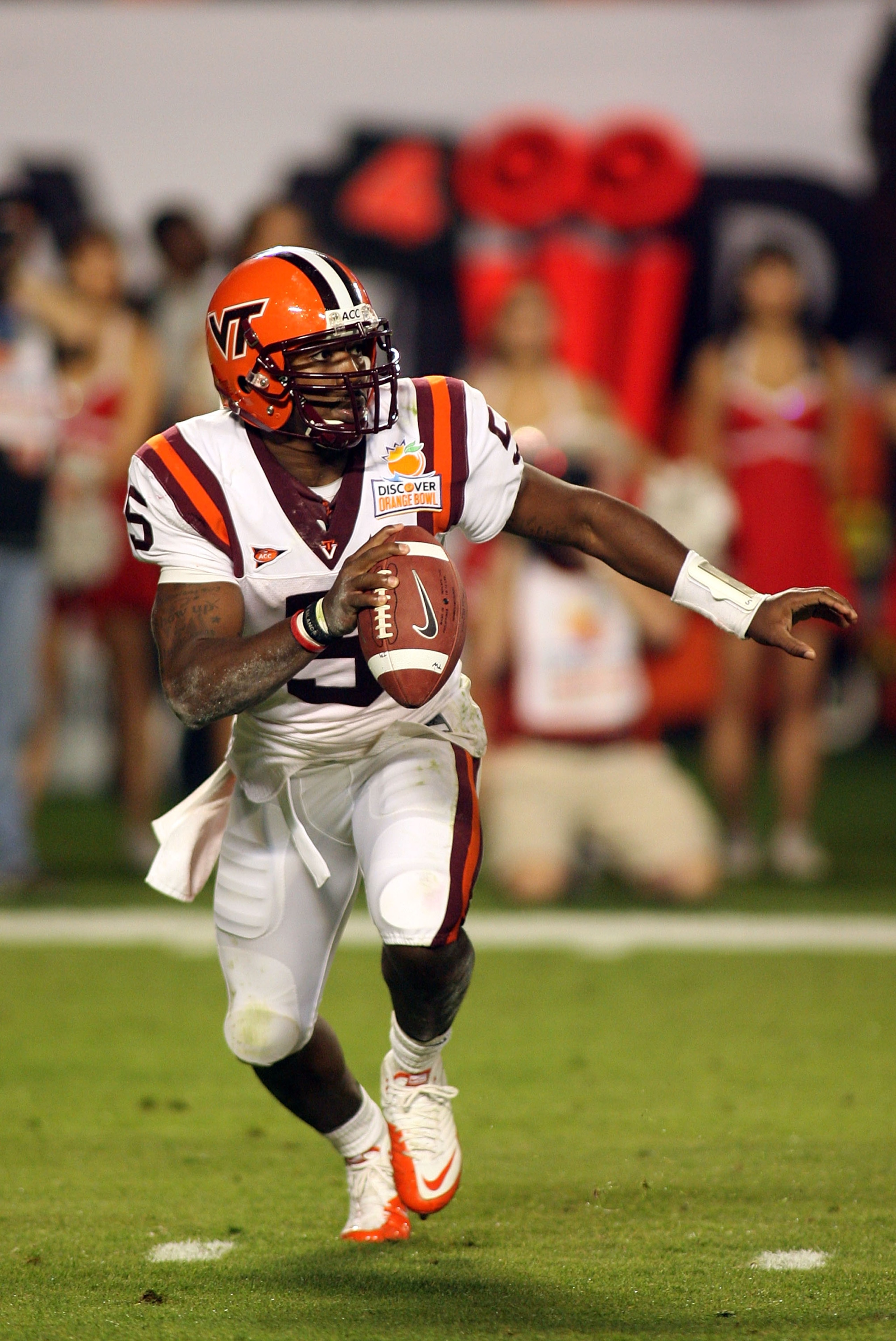 MIAMI, FL - JANUARY 03:  Tyrod Taylor #5 of the Virginia Tech Hokies looks to pass against the Stanford Cardinal during the 2011 Discover Orange Bowl at Sun Life Stadium on January 3, 2011 in Miami, Florida. Stanford won 40-12.  (Photo by Marc Serota/Gett