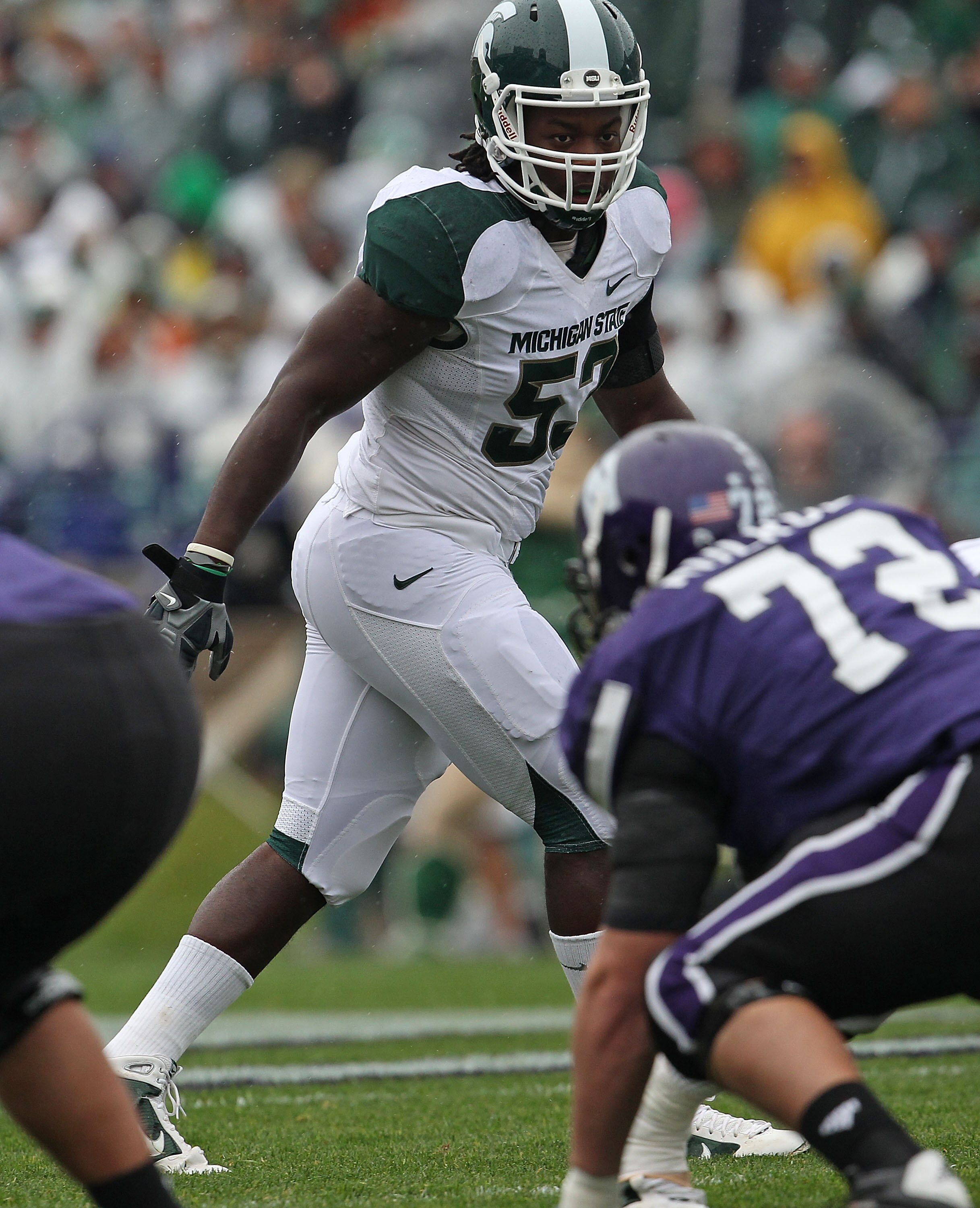 EVANSTON, IL - OCTOBER 23: Greg Jones #53 of the Michigan State Spartans awaits the start of play against the Northwestern Wildcats at Ryan Field on October 23, 2010 in Evanston, Illinois. Michigan State defeated Northwestern 35-27. (Photo by Jonathan Dan
