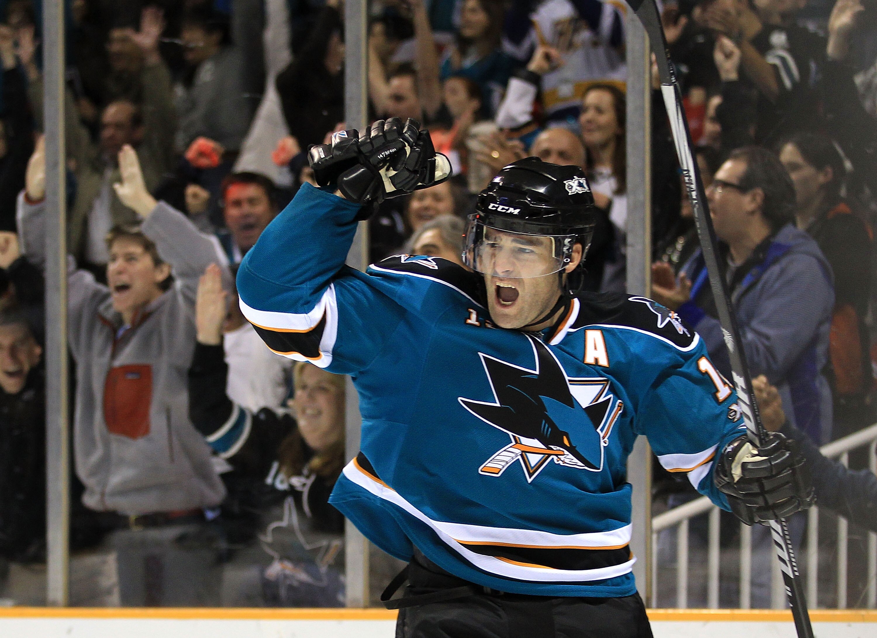 SAN JOSE, CA - NOVEMBER 24:  Patrick Marleau #12 of the San Jose Sharks celebrates after he scored a goal against the Chicago Blackhawks at HP Pavilion on November 24, 2010 in San Jose, California.  (Photo by Ezra Shaw/Getty Images)