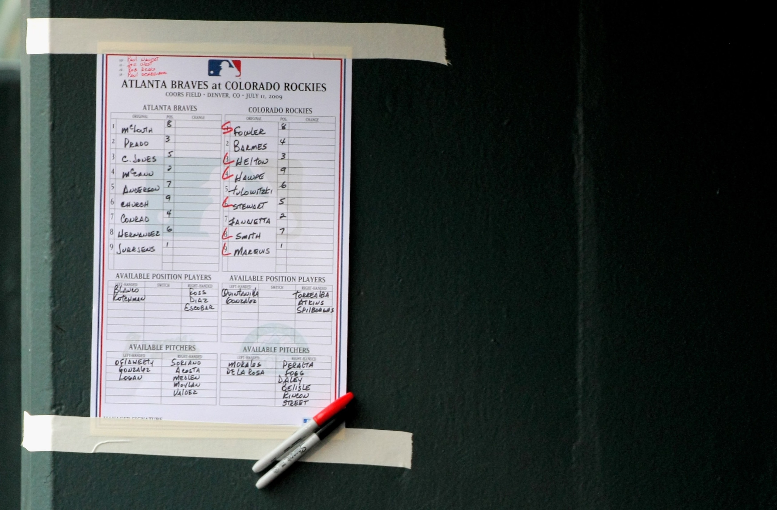DENVER - JULY 11:  A detail of the line up card in the Atlanta Braves dugout as they face the Colorado Rockies during MLB action at Coors Field on July 11, 2009 in Denver, Colorado. The Braves defeated the Rockies 4-3.  (Photo by Doug Pensinger/Getty Imag