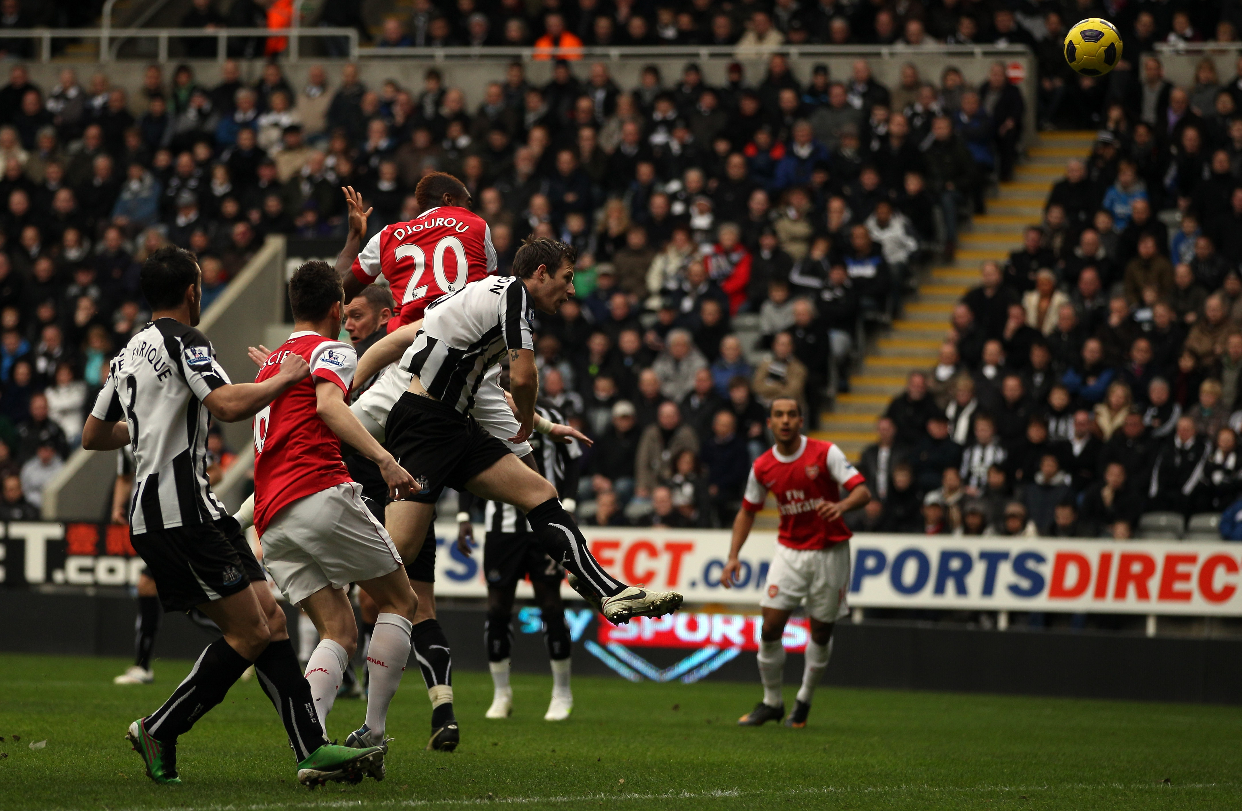 NEWCASTLE UPON TYNE, ENGLAND - FEBRUARY 05:  Johan Djourou of Arsenal scores the second goal during the Barclays Premier League match between Newcastle United and Arsenal at St James' Park on February 5, 2011 in Newcastle upon Tyne, England.  (Photo by Ri
