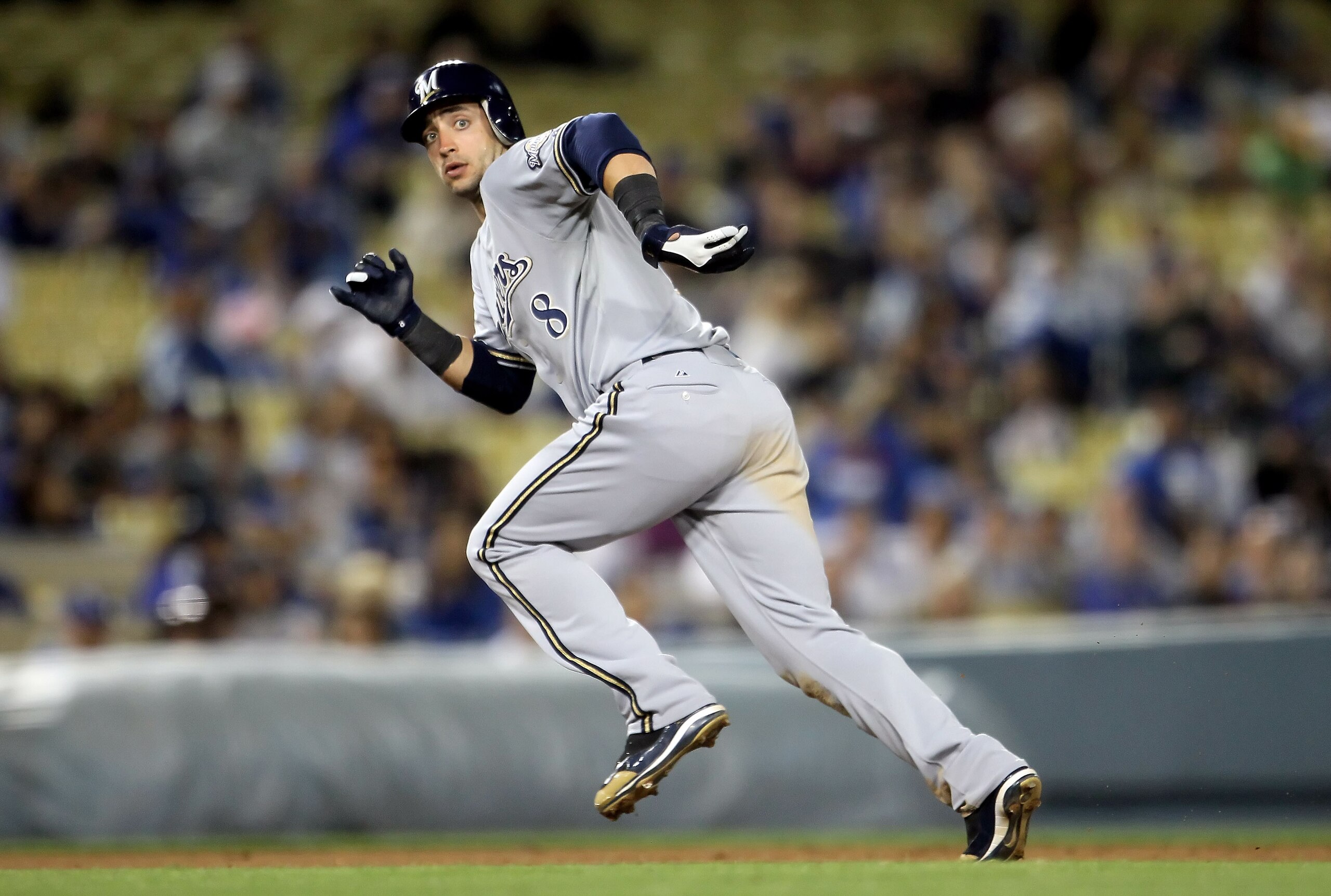 LOS ANGELES, CA - MAY 04:  Ryan Braun #8 of the Milwaukee Brewers runs and eventually scores on hit by Casey McGehee in the eighth inning against the Los Angeles Dodgers at Dodger Stadium on May 4, 2010 in Los Angeles, California. The Brewers defeated the