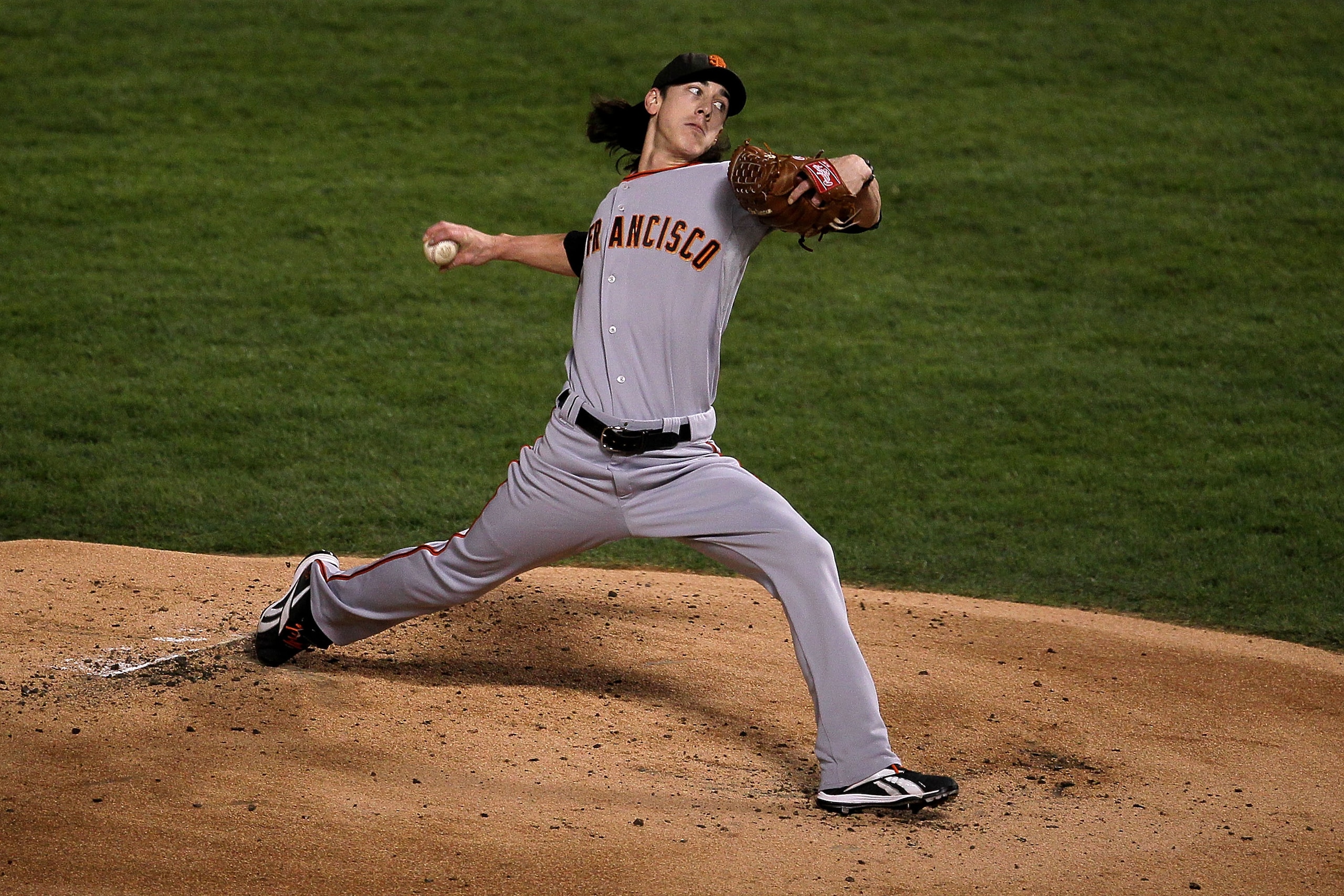 ARLINGTON, TX - NOVEMBER 01:  Starting pitcher Tim Lincecum #55 of the San Francisco Giants pitches against the Texas Rangers in Game Five of the 2010 MLB World Series at Rangers Ballpark in Arlington on November 1, 2010 in Arlington, Texas. The Giants wo