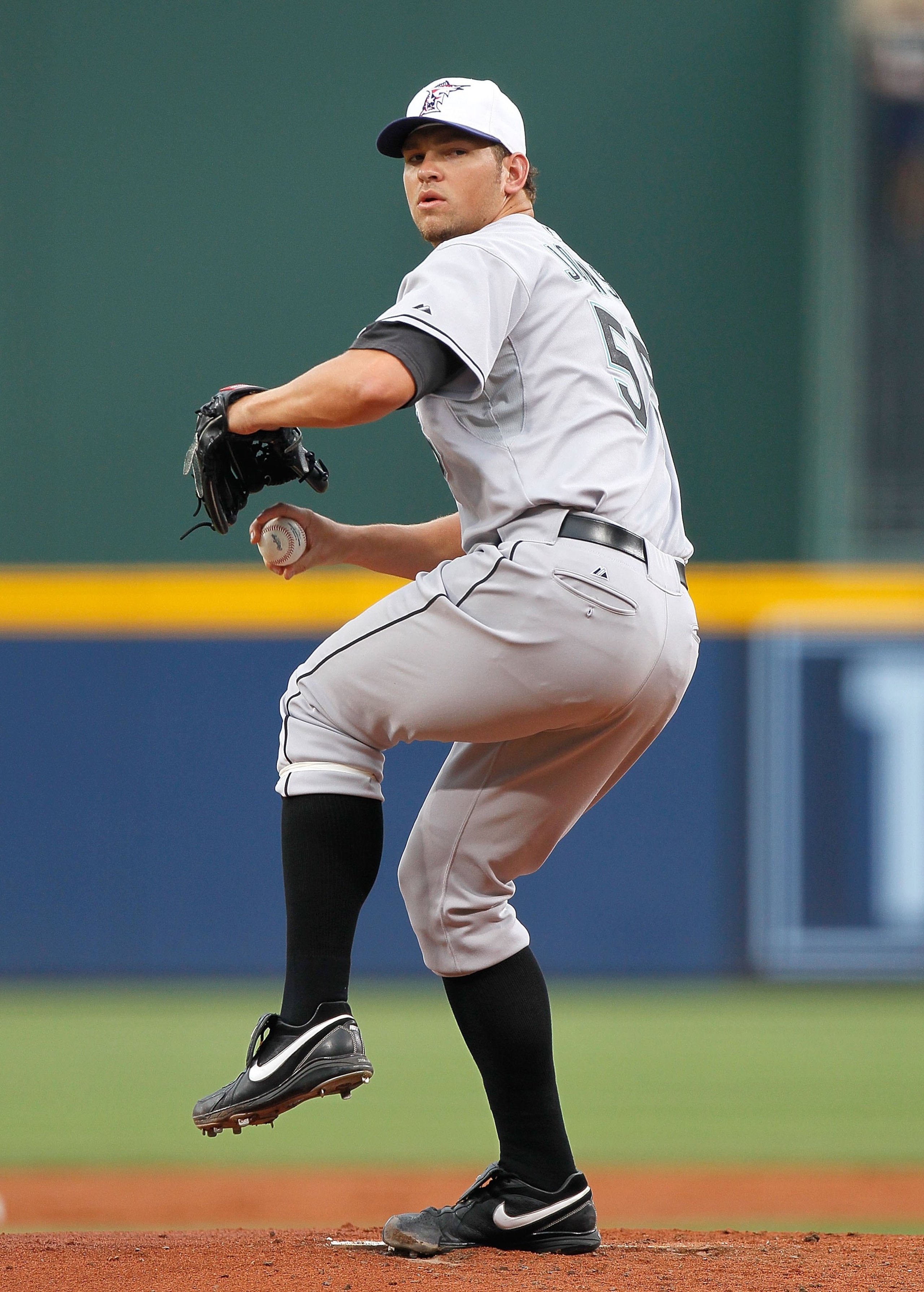 ATLANTA - JULY 02:  Pitcher Josh Johnson #55 of the Florida Marlins against the Atlanta Braves at Turner Field on July 2, 2010 in Atlanta, Georgia.  (Photo by Kevin C. Cox/Getty Images)