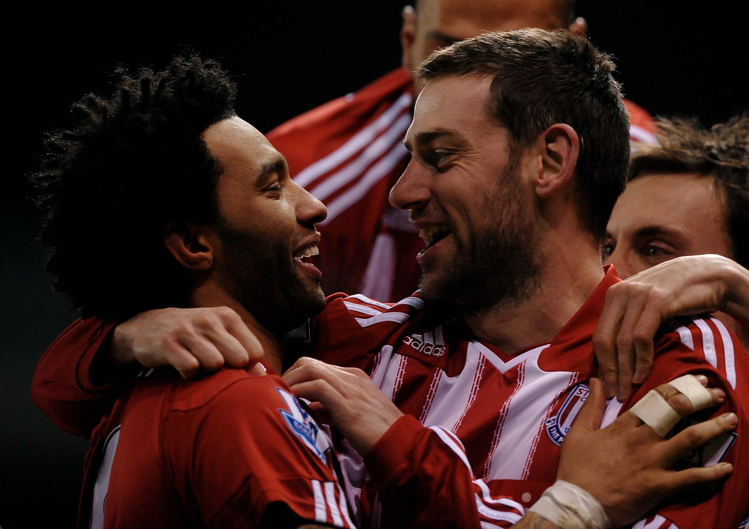 STOKE ON TRENT, ENGLAND - FEBRUARY 28: Rory Delap of Stoke City celebrates scoring the opening goal with team mate Jermaine Pennant (L) during the Barclays Premier League match between Stoke City and West Bromwich Albion at The Britannia Stadium on Febru STOKE ON TRENT, ENGLAND - FEBRUARY 28: Rory Delap of Stoke City celebrates scoring the opening goal with team mate Jermaine Pennant (L) during the Barclays Premier League match between Stoke City and West Bromwich Albion at The Britannia Stadium on Febru