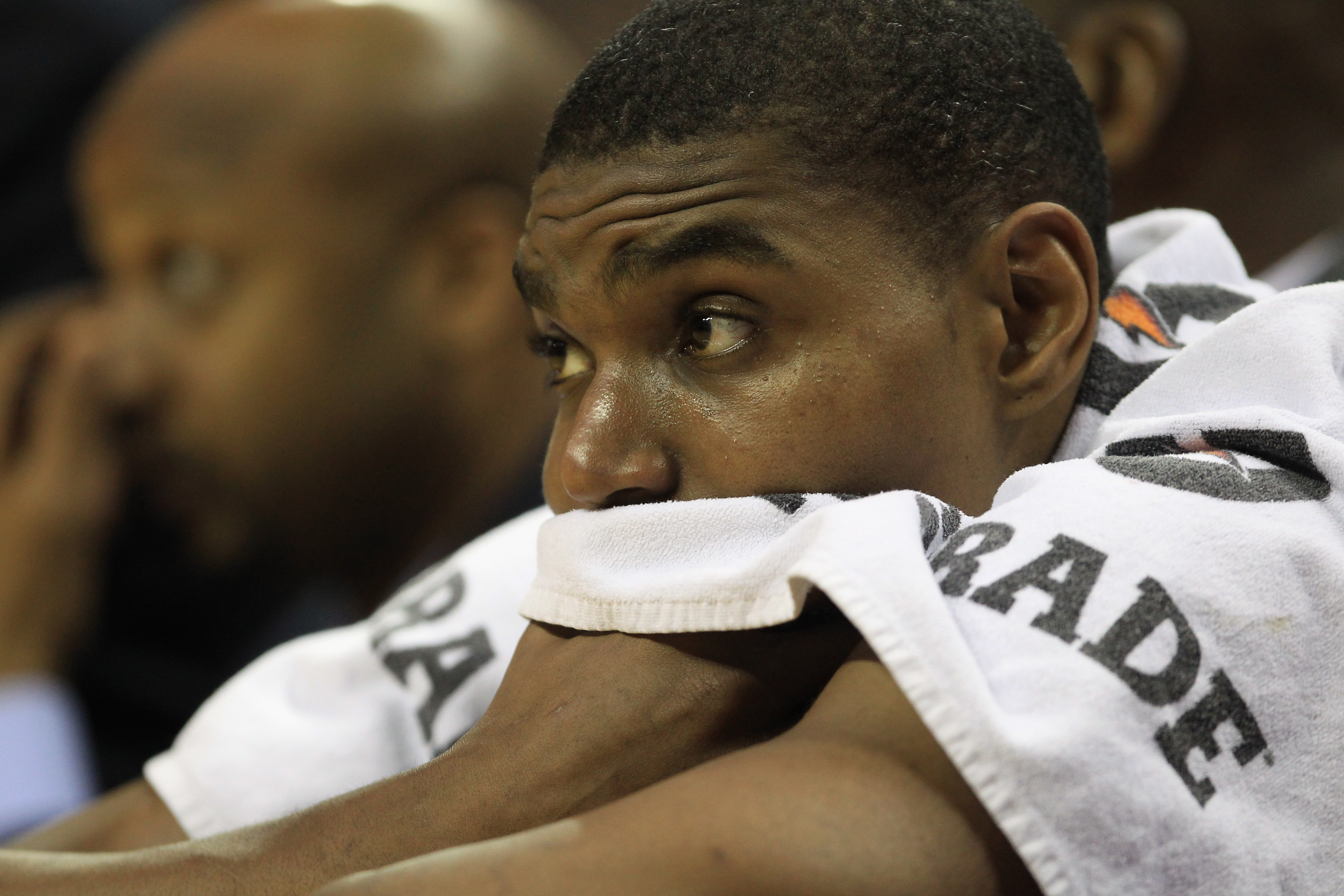 CHARLOTTE, NC - FEBRUARY 14: Andrew Bynum #17 of the Los Angeles Lakers reacts as he sits on the bench during their game against the Charlotte Bobcats at Time Warner Cable Arena on February 14, 2011 in Charlotte, North Carolina. NOTE TO USER: User expres