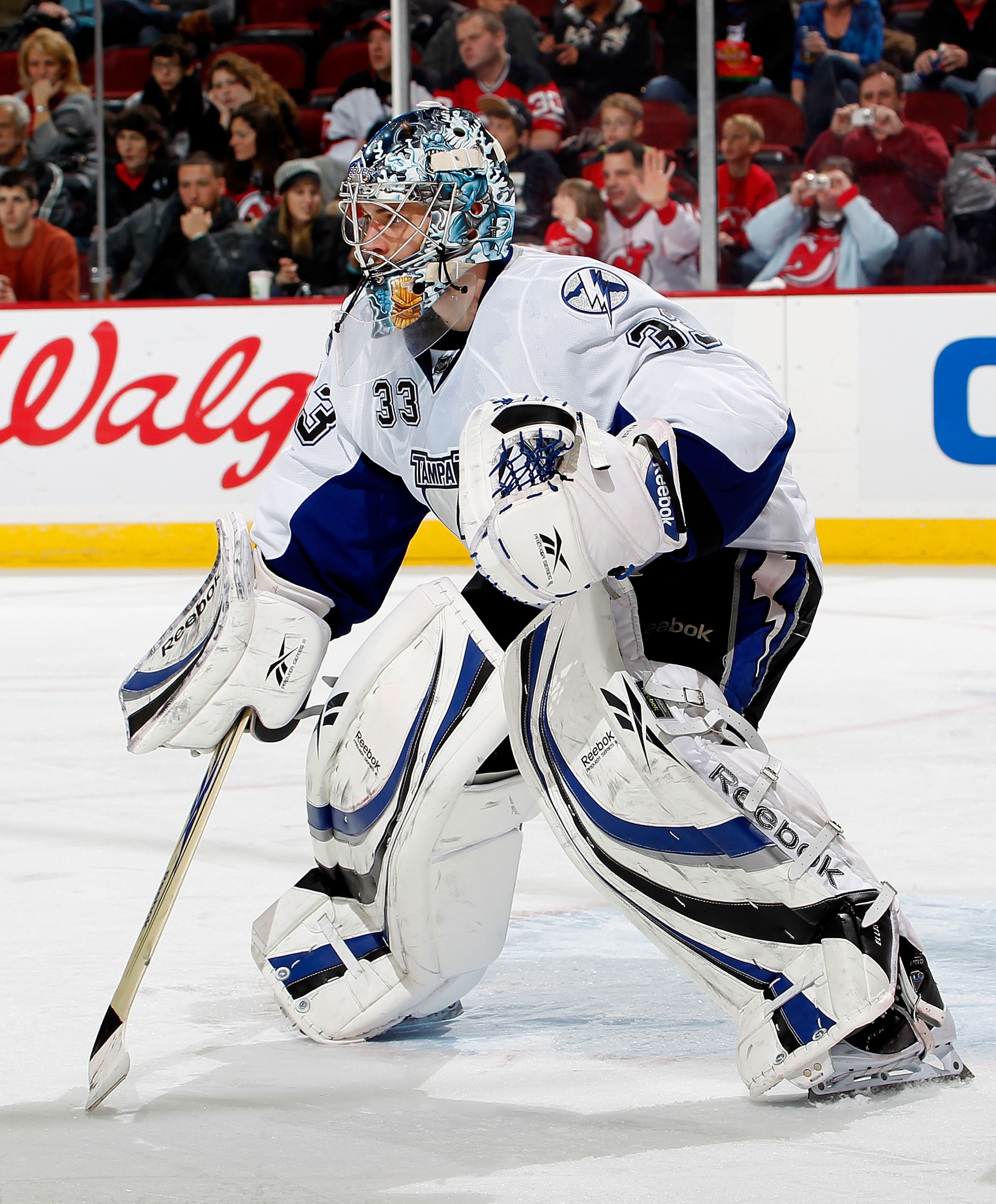 NEWARK, NJ - JANUARY 09:  Goalie Dan Ellis #33 of the Tampa Bay Lightning watches the play during an NHL hockey game against the New Jersey Devils at the Prudential Center on January 9, 2011 in Newark, New Jersey.  (Photo by Paul Bereswill/Getty Images)
