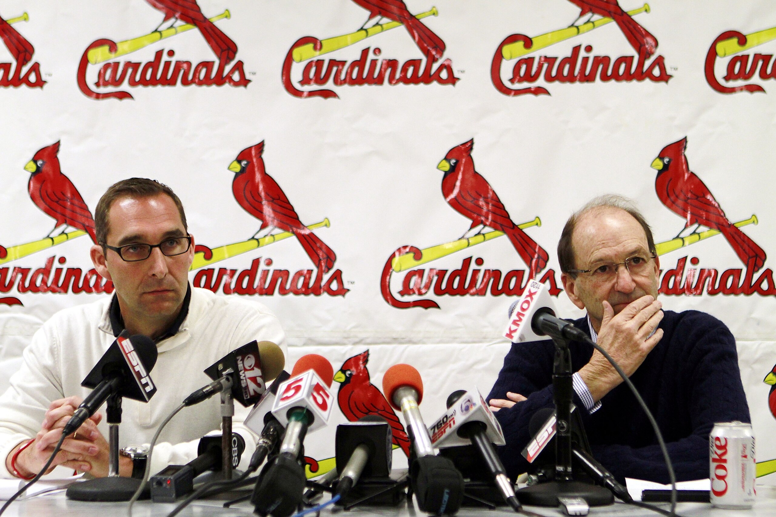 JUPITER, FL - FEBRUARY 16: General Manager John Mozeliak (L) and owner William DeWitt, Jr. of the St. Louis Cardinals speak at a press conference at Roger Dean Stadium on February 16, 2011 in Jupiter, Florida. (Photo by Marc Serota/Getty Images) JUPITER, FL - FEBRUARY 16: General Manager John Mozeliak (L) and owner William DeWitt, Jr. of the St. Louis Cardinals speak at a press conference at Roger Dean Stadium on February 16, 2011 in Jupiter, Florida. (Photo by Marc Serota/Getty Images)