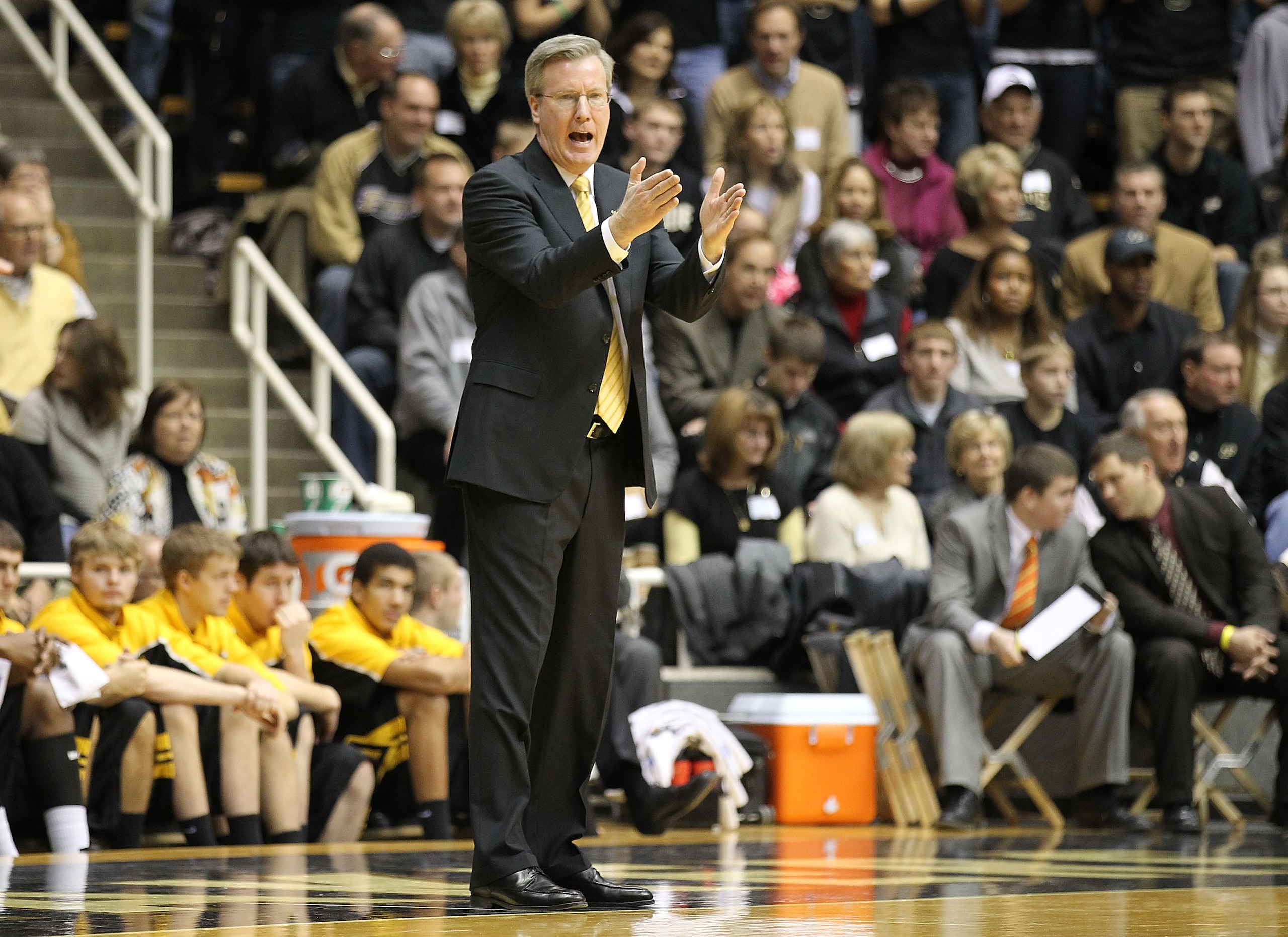WEST LAFAYETTE, IN - JANUARY 09:  Head coach Fran McCaffery of the Iowa Hawkeyes coaches during the Big Ten Conference game against the Purdue Boilermakers at Mackey Arena on January 9, 2011 in West Lafayette, Indiana.  (Photo by Andy Lyons/Getty Images)