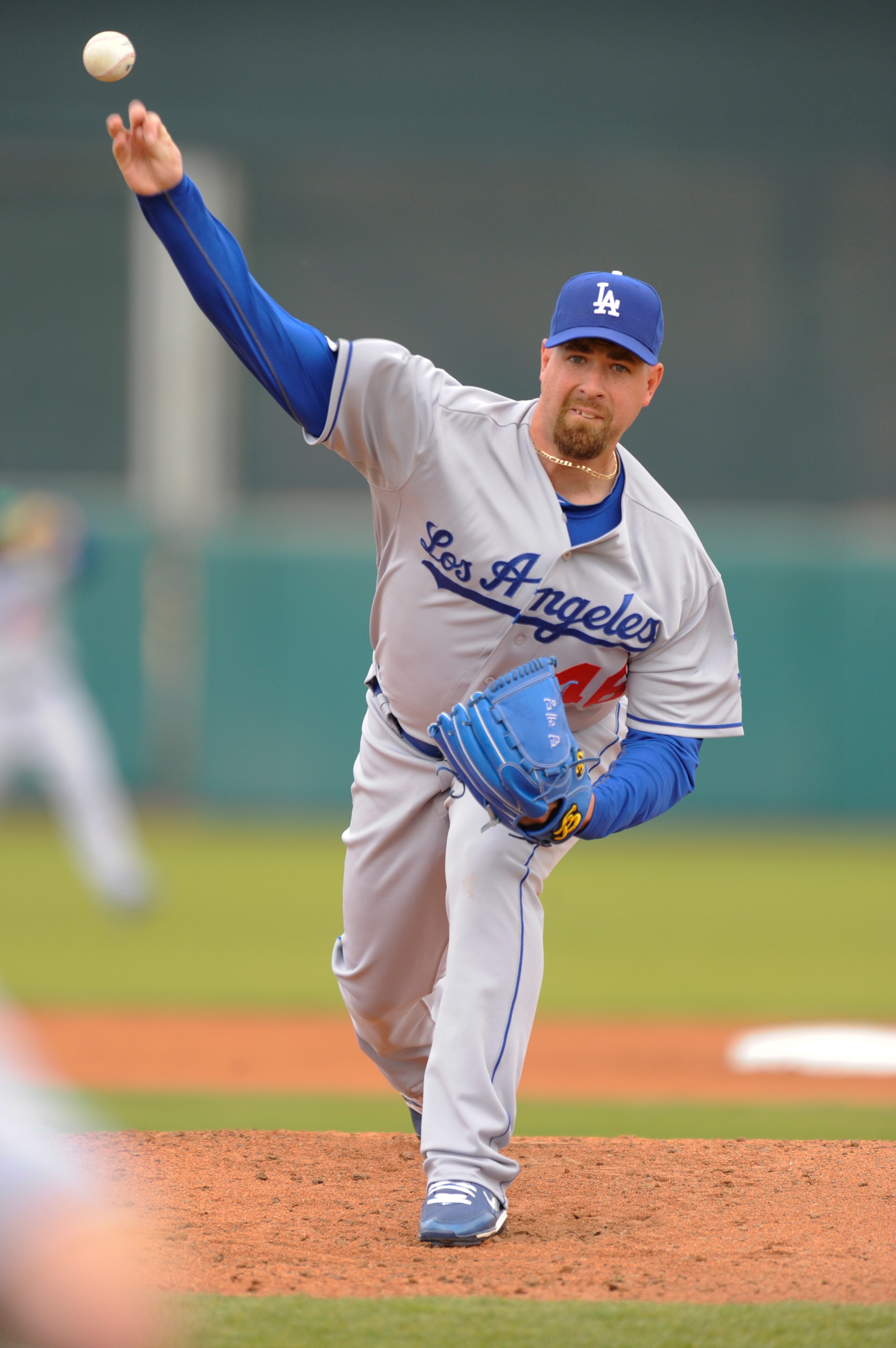 SCOTTSDALE, AZ - FEBRUARY 26: Tim Redding #46 of the Los Angeles Dodgers pitches during a spring training game against the San Francisco Giants at Scottsdale Stadium on February 26, 2011 in Scottsdale, Arizona. (Photo by Rob Tringali/Getty Images)