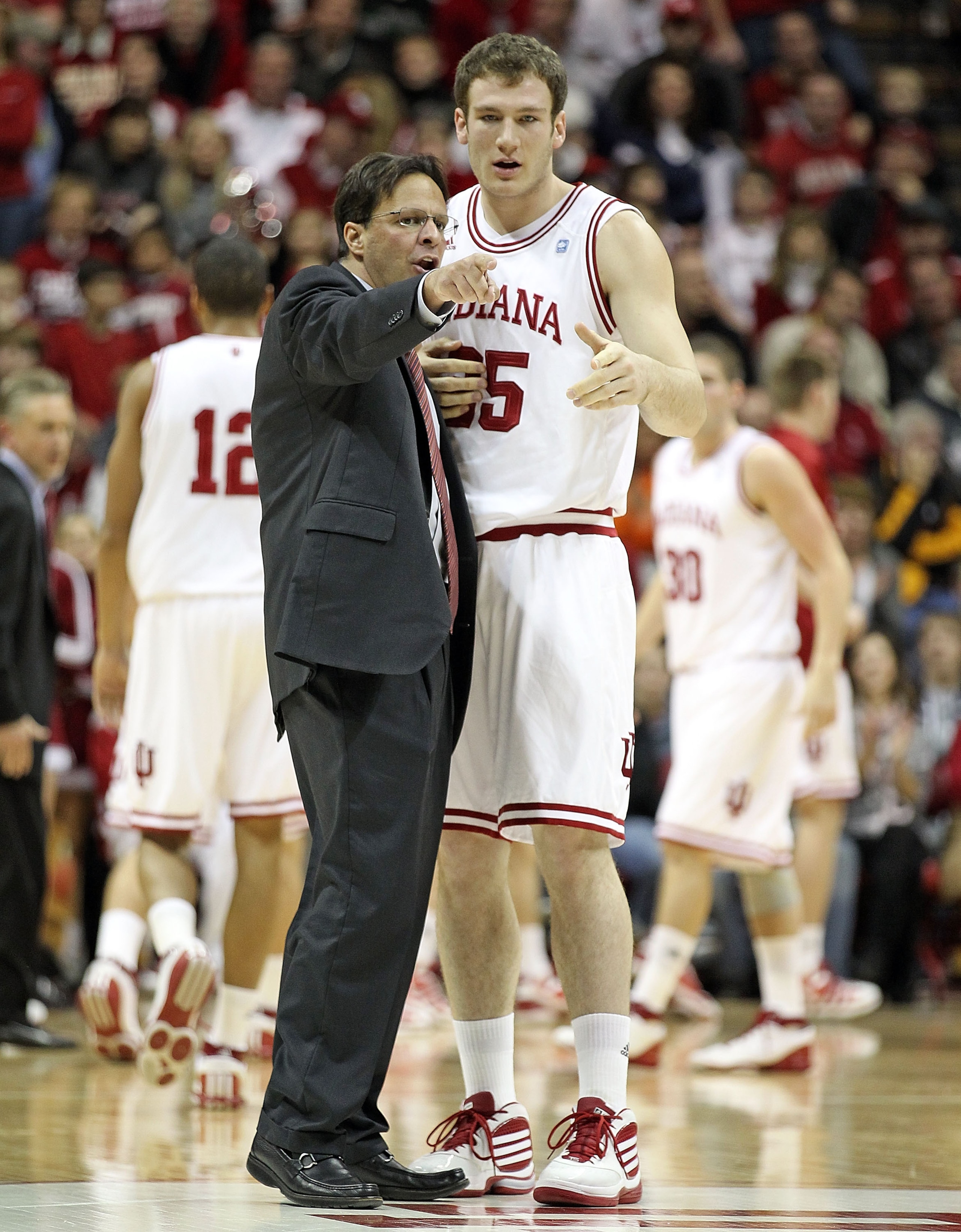 BLOOMINGTON, IN - DECEMBER 27:  Tom Crean the Head Coach of the Indiana Hoosiers gives instructions to Tom Pritchard #25 during the Big Ten Conference game against the Penn State Nittany Lions on December 27, 2010 at Assembly Hall in Bloomington, Indiana.