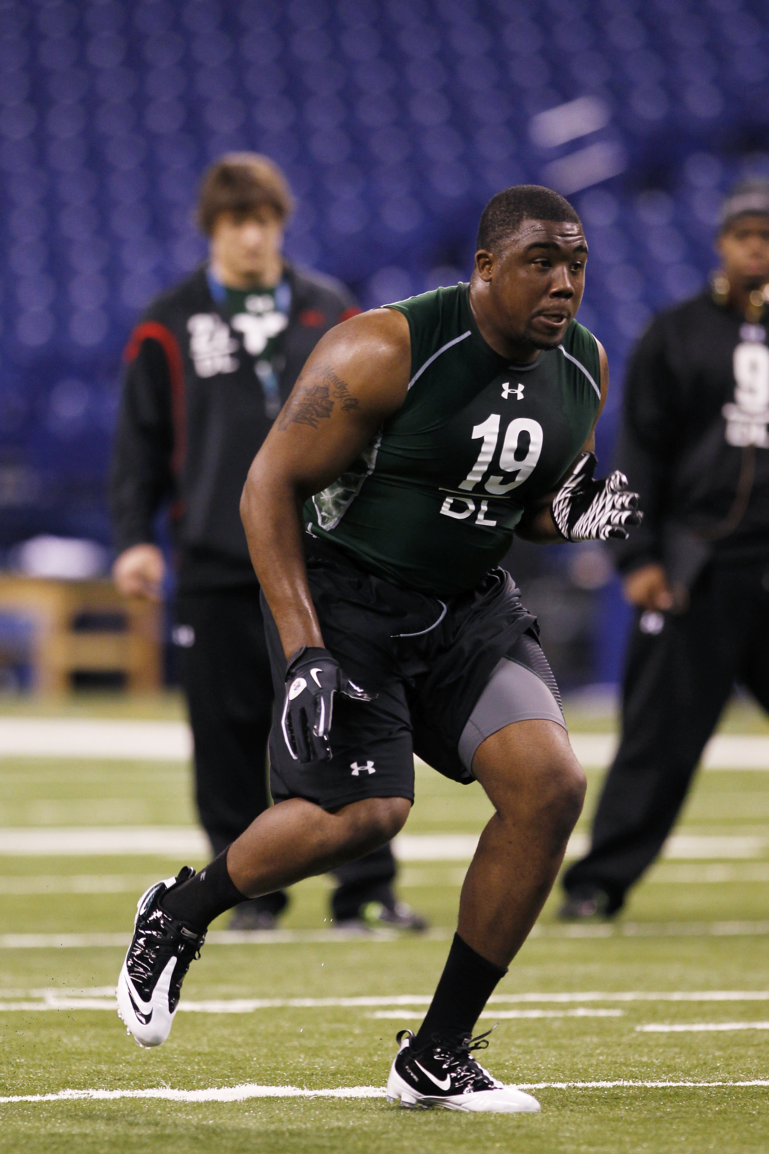 INDIANAPOLIS, IN - FEBRUARY 28:  Defensive lineman Nick Fairley of Auburn runs a drill during the 2011 NFL Scouting Combine at Lucas Oil Stadium on February 28, 2011 in Indianapolis, Indiana. (Photo by Joe Robbins/Getty Images)