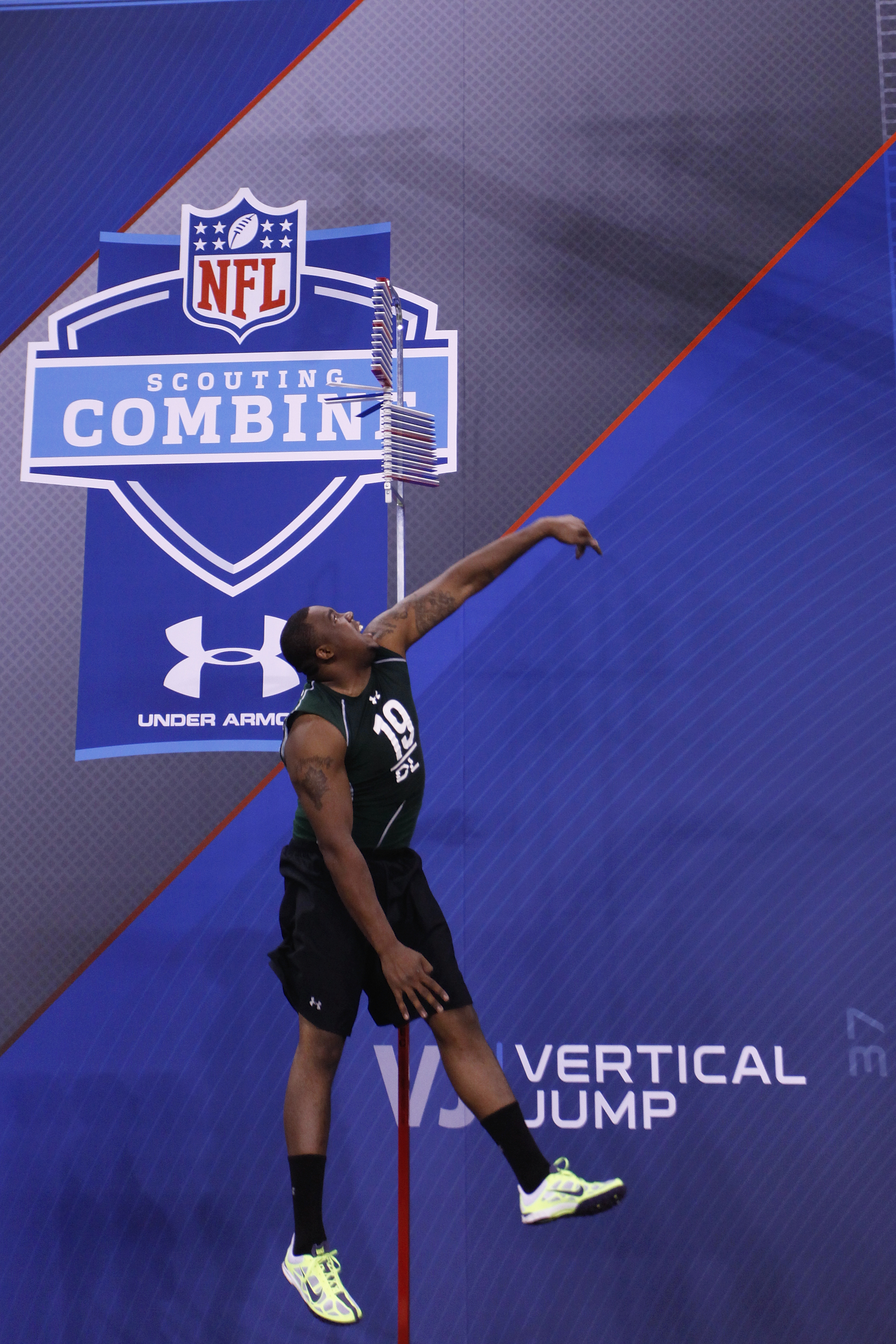 INDIANAPOLIS, IN - FEBRUARY 28:  Defensive lineman Nick Fairley of Auburn takes part in the vertical jump during the 2011 NFL Scouting Combine at Lucas Oil Stadium on February 28, 2011 in Indianapolis, Indiana. (Photo by Joe Robbins/Getty Images)