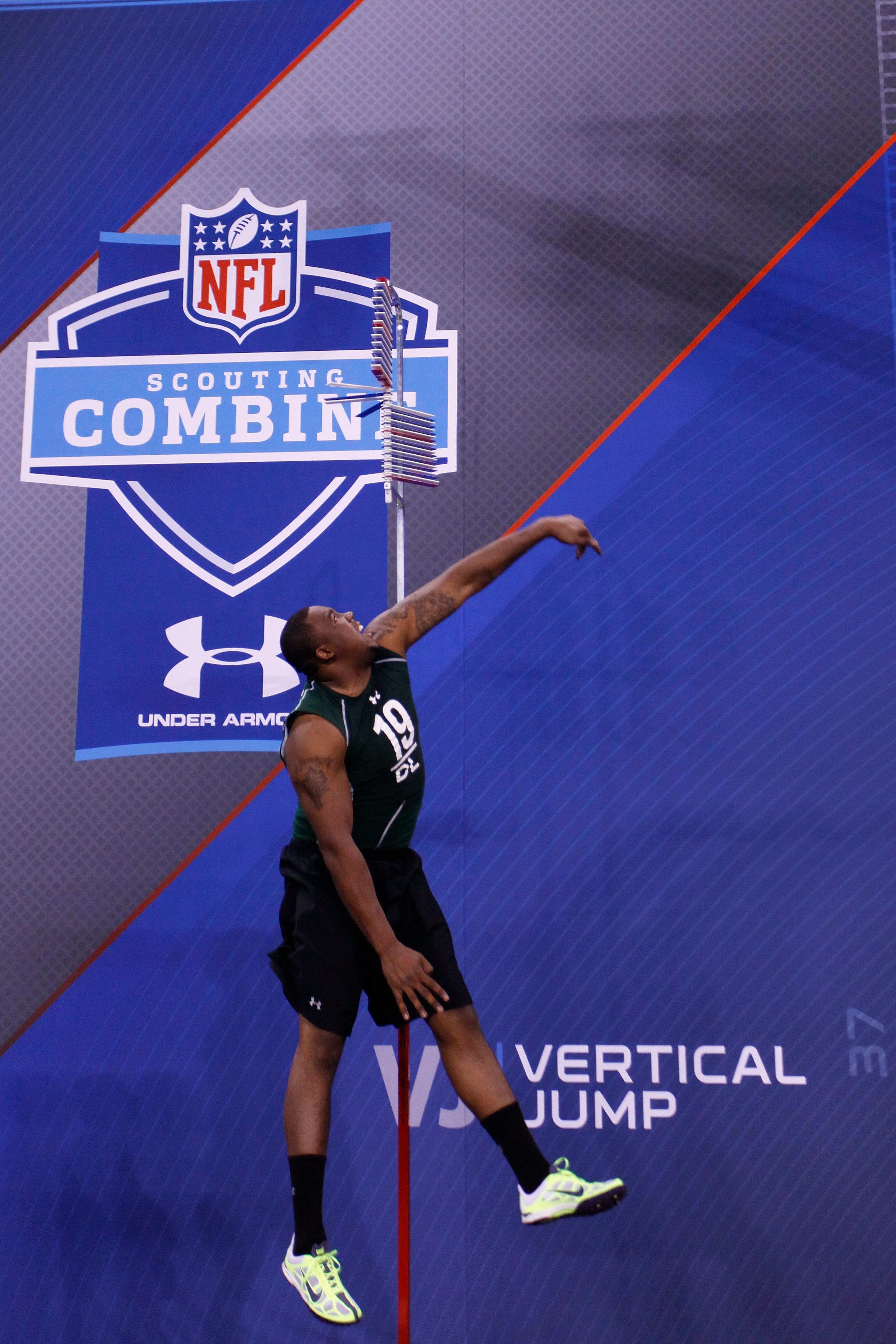 INDIANAPOLIS, IN - FEBRUARY 28:  Defensive lineman Nick Fairley of Auburn takes part in the vertical jump during the 2011 NFL Scouting Combine at Lucas Oil Stadium on February 28, 2011 in Indianapolis, Indiana. (Photo by Joe Robbins/Getty Images)