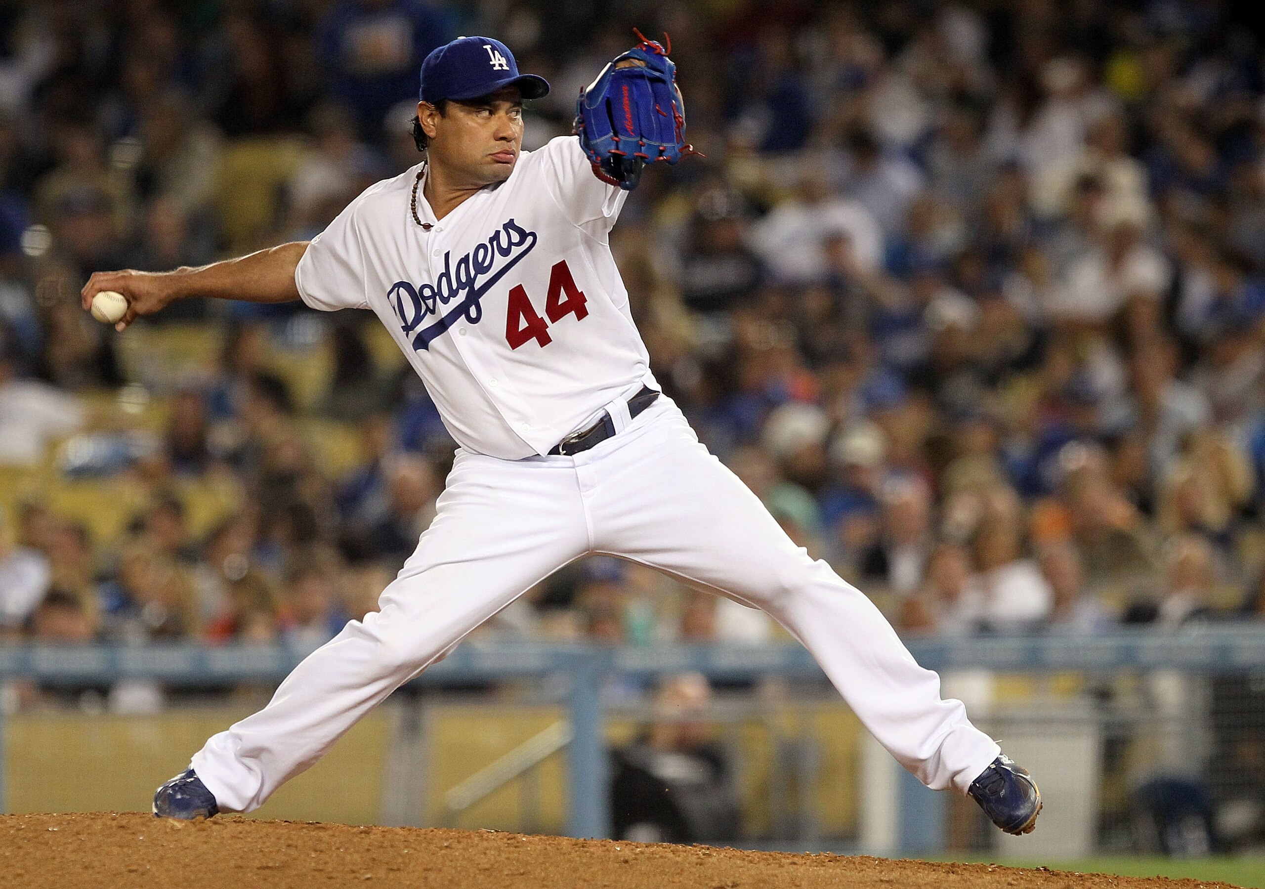 LOS ANGELES, CA - AUGUST 04: Starting pitcher Vicente Padilla #44 of the Los Angeles Dodgers pitches against the San Diego Padres at Dodger Stadium on August 4, 2010 in Los Angeles, California. The Dodgers defeated the Padres 9-0. (Photo by Jeff Gross/G LOS ANGELES, CA - AUGUST 04: Starting pitcher Vicente Padilla #44 of the Los Angeles Dodgers pitches against the San Diego Padres at Dodger Stadium on August 4, 2010 in Los Angeles, California. The Dodgers defeated the Padres 9-0. (Photo by Jeff Gross/G