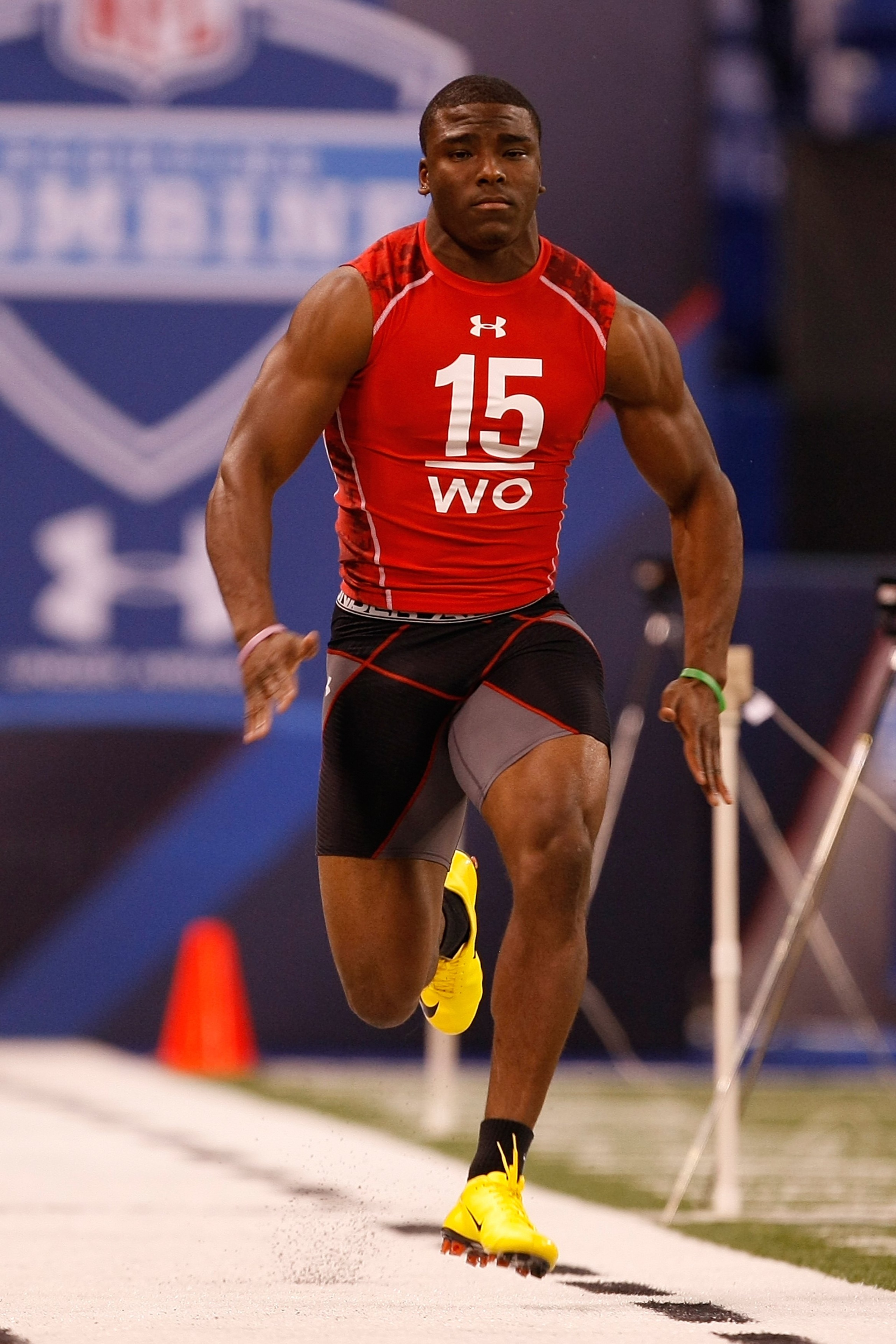 INDIANAPOLIS, IN - FEBRUARY 28: Wide receiver Jacoby Ford of Clemson runs the 40 yard dash during the NFL Scouting Combine presented by Under Armour at Lucas Oil Stadium on February 28, 2010 in Indianapolis, Indiana. (Photo by Scott Boehm/Getty Images)