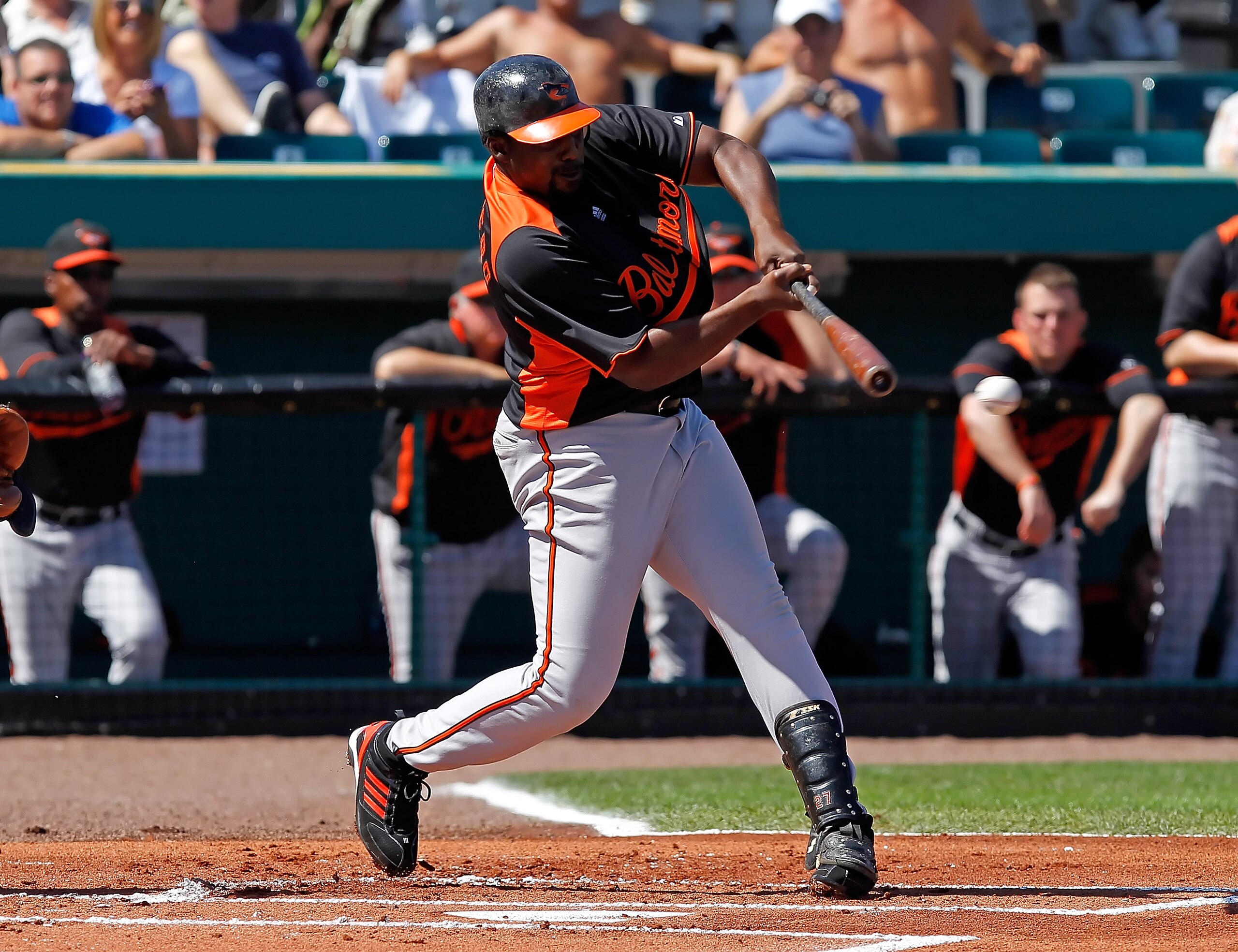 BRADENTON, FL - FEBRUARY 28:  Designated hitter Vladimir Guerrero #27 of the Baltimore Orioles fouls off a pitch against the Pittsburgh Pirates during a Grapefruit League Spring Training Game at McKechnie Field on February 28, 2011 in Bradenton, Florida. 