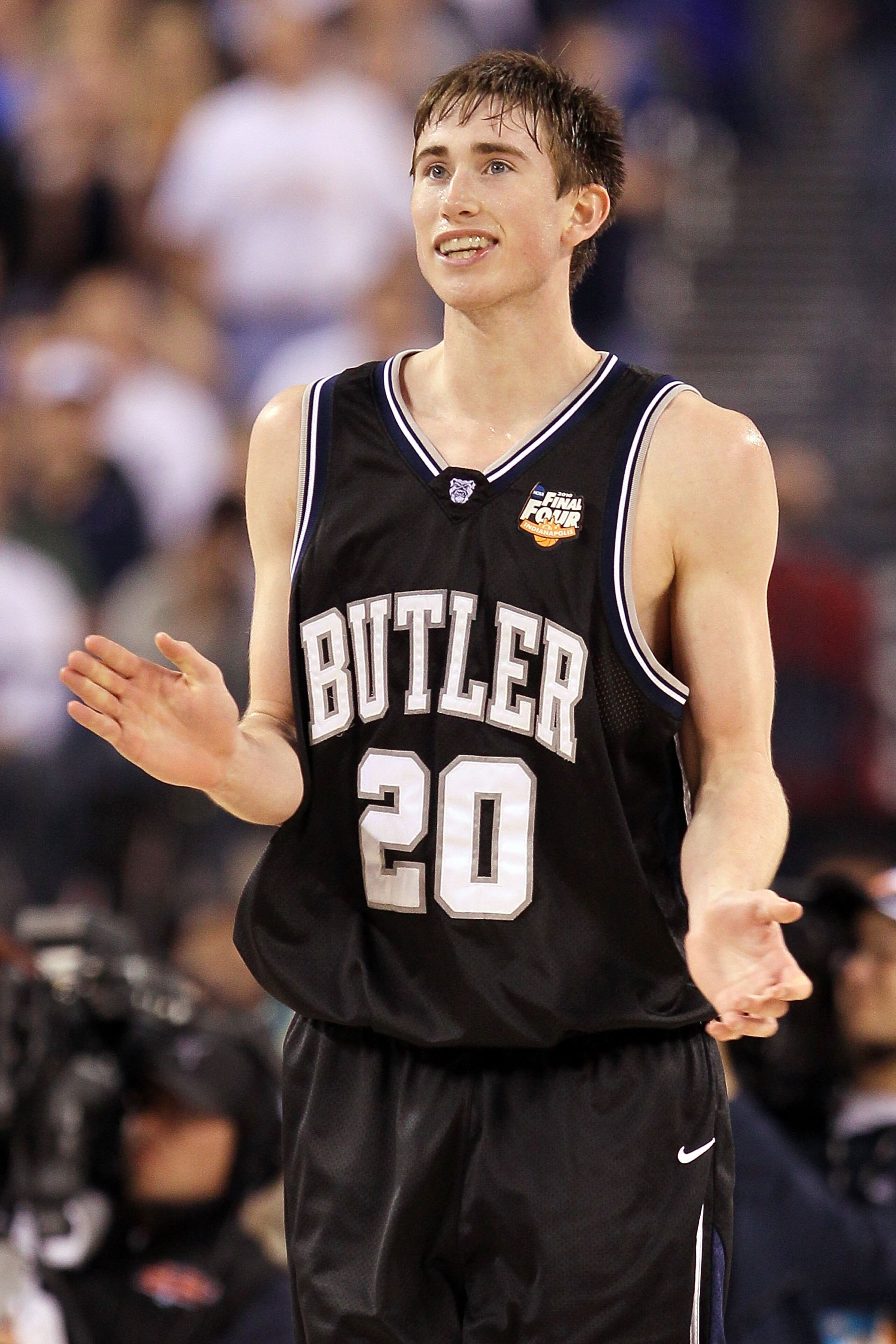 INDIANAPOLIS - APRIL 03:  Gordon Hayward #20 of the Butler Bulldogs reacts in the second half while taking on the Michigan State Spartans during the National Semifinal game of the 2010 NCAA Division I Men's Basketball Championship on April 3, 2010 in Indi