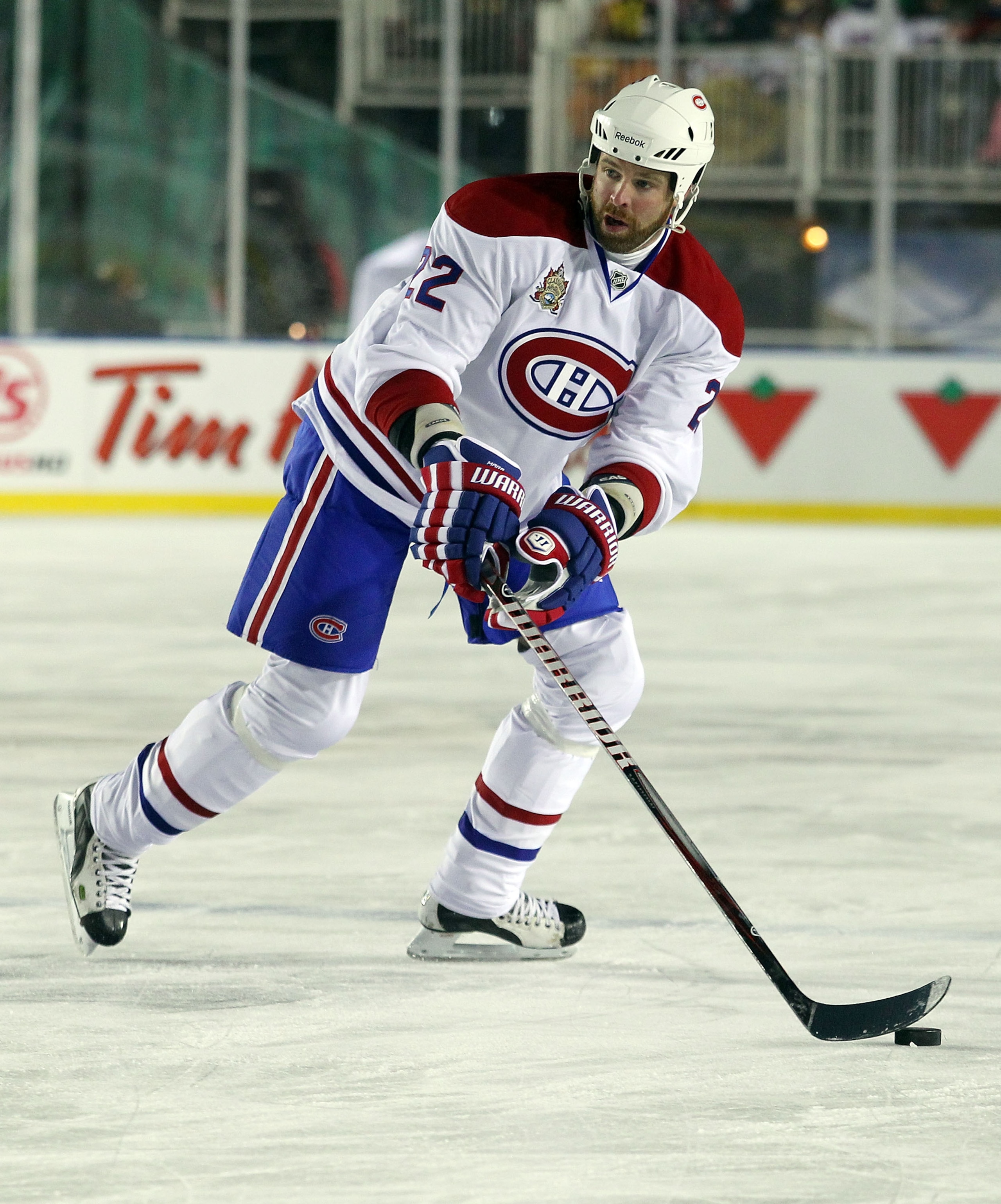 CALGARY, AB - FEBRUARY 20: Paul Mara #22 of the Montreal Canadiens skates against the Calgary Flames during the 2011 NHL Heritage Classic Game at McMahon Stadium on February 20, 2011 in Calgary, Alberta, Canada. The Flames defeated the Canadiens 4-0. (P CALGARY, AB - FEBRUARY 20: Paul Mara #22 of the Montreal Canadiens skates against the Calgary Flames during the 2011 NHL Heritage Classic Game at McMahon Stadium on February 20, 2011 in Calgary, Alberta, Canada. The Flames defeated the Canadiens 4-0. (P