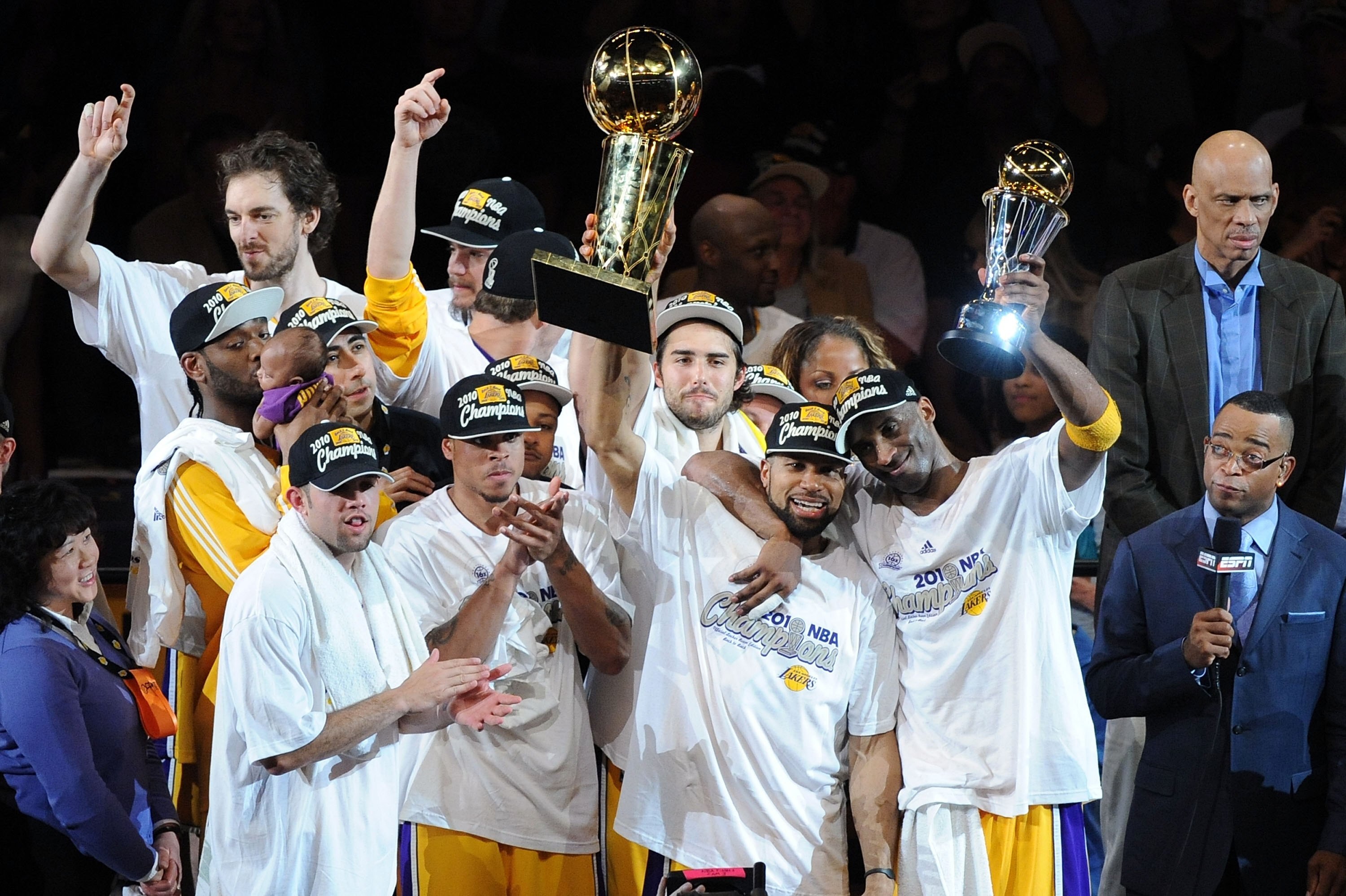 LOS ANGELES, CA - JUNE 17:  Derek Fisher #2 and Kobe Bryant #24 of the Los Angeles Lakers celebrate after the Lakers defeated the Boston Celtics 83-79 in Game Seven of the 2010 NBA Finals at Staples Center on June 17, 2010 in Los Angeles, California.  NOT