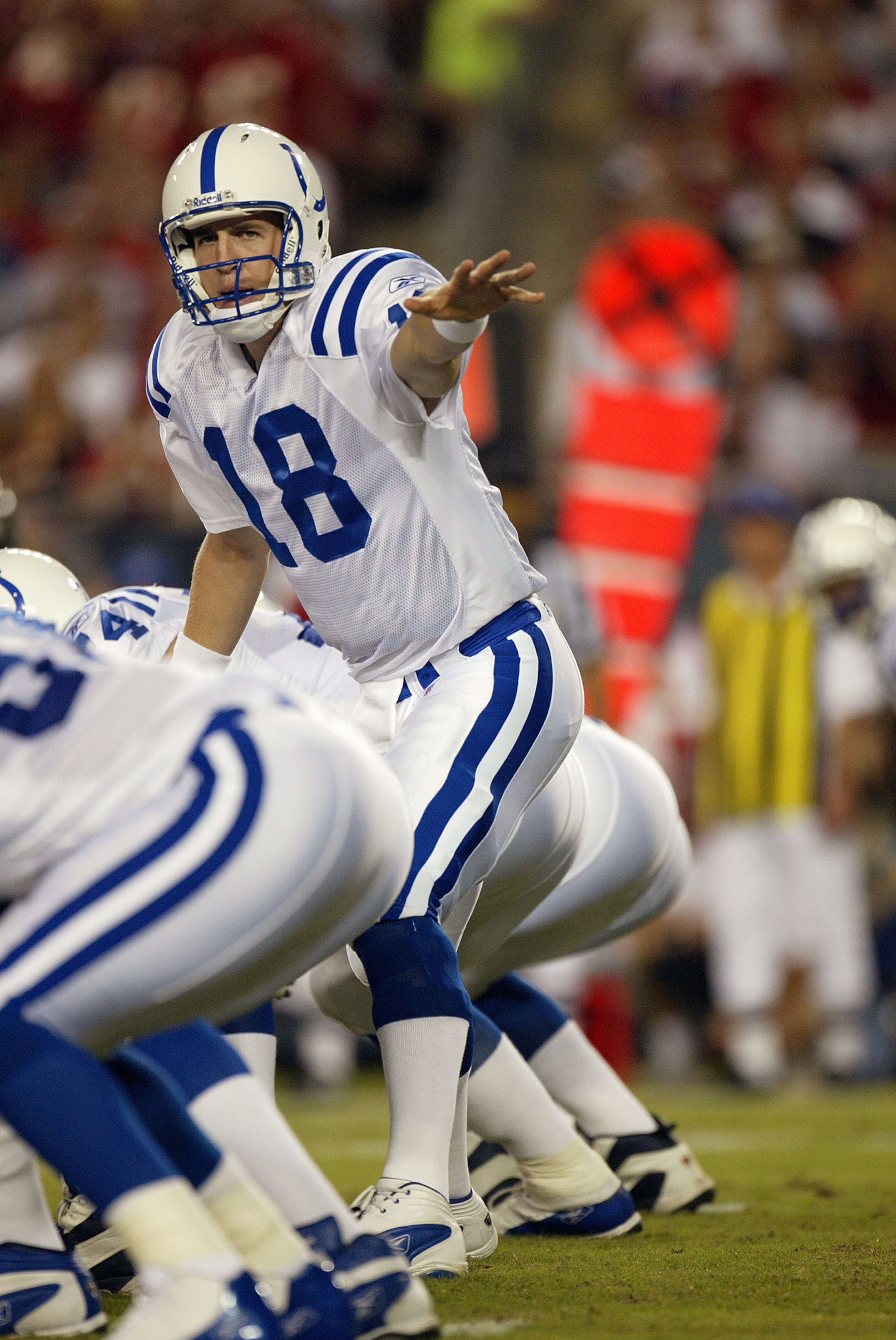 TAMPA, FL - OCTOBER 6:  Quarterback Peyton Manning #18 of the Indianapolis Colts calls an audible against the Tampa Bay Buccaneers on October 6, 2003 at Raymond James Stadium in Tampa, Florida. The Colts defeated the Buccaneers 38-35 in overtime. (Photo b
