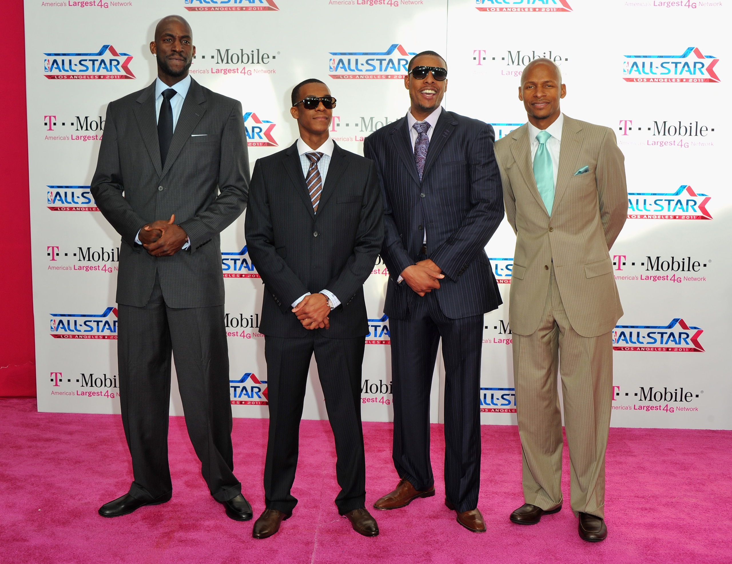 LOS ANGELES, CA - FEBRUARY 20:  NBA players Kevin Garnett, Rajon Rondo, Paul Pierce and Ray Allen arrive to the T-Mobile Magenta Carpet at the 2011 NBA All-Star Game on February 20, 2011 in Los Angeles, California.  (Photo by Alberto E. Rodriguez/Getty Im