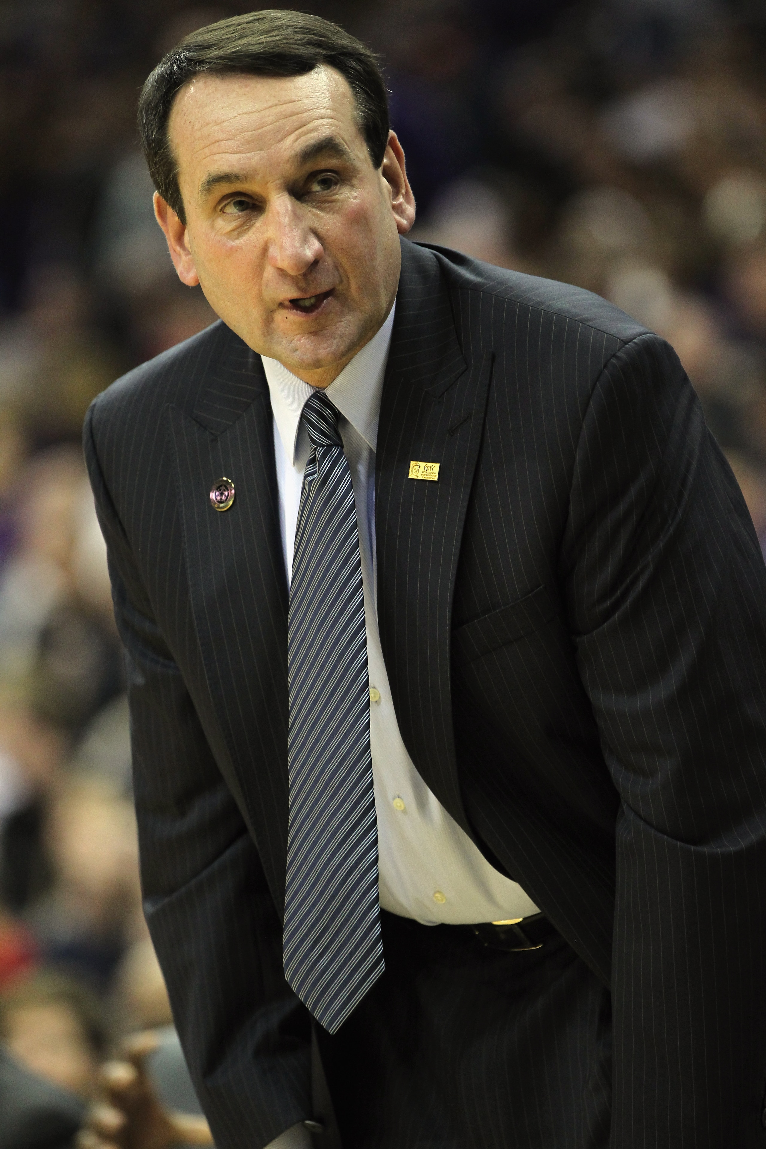 KANSAS CITY, MO - NOVEMBER 23: Head coach Mike Krzyzewski of the Duke Blue Devils coaches from the bench during the CBE Classic championship game against the Kansas State Wildcats on November 23, 2010 at the Sprint Center in Kansas City, Missouri. (Phot KANSAS CITY, MO - NOVEMBER 23: Head coach Mike Krzyzewski of the Duke Blue Devils coaches from the bench during the CBE Classic championship game against the Kansas State Wildcats on November 23, 2010 at the Sprint Center in Kansas City, Missouri. (Phot