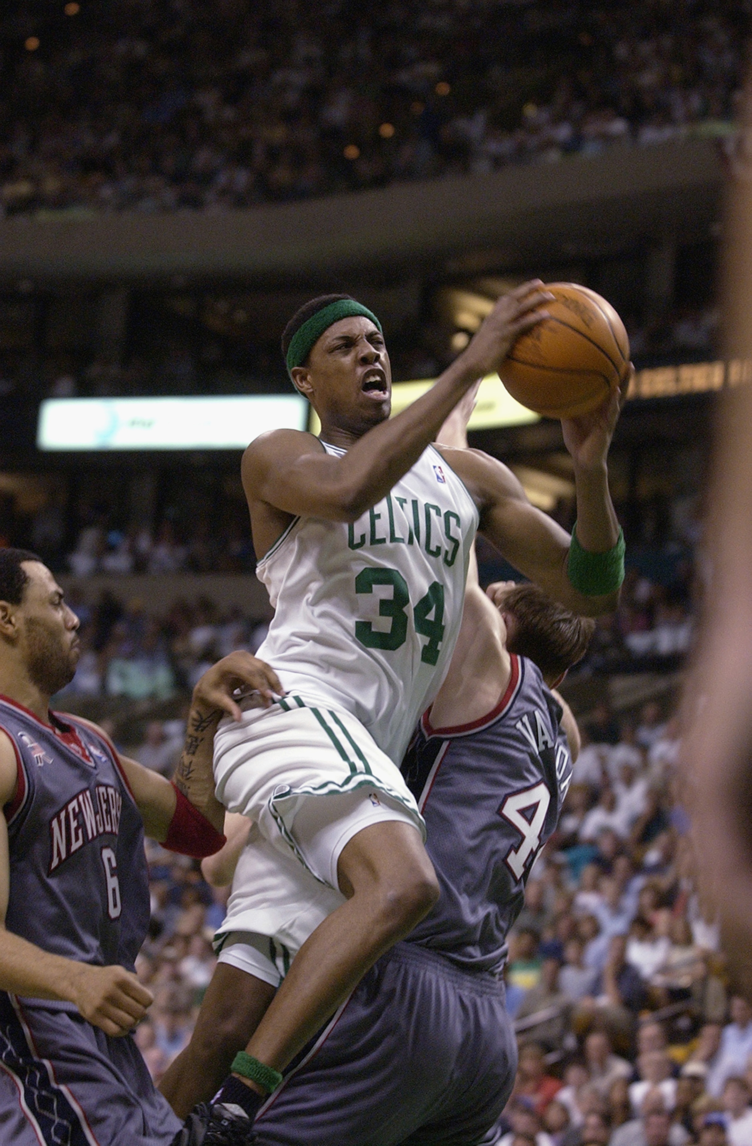 EAST RUTHERFORD, NJ - MAY 31:  Paul Pierce #34 of the Boston Celtics drives to the basket during the first period  of Game 6 of the Eastern Conference Finals at the Fleet Center in Boston Massachusetts on May 31, 2002. NOTE TO USER: User expressly acknowl
