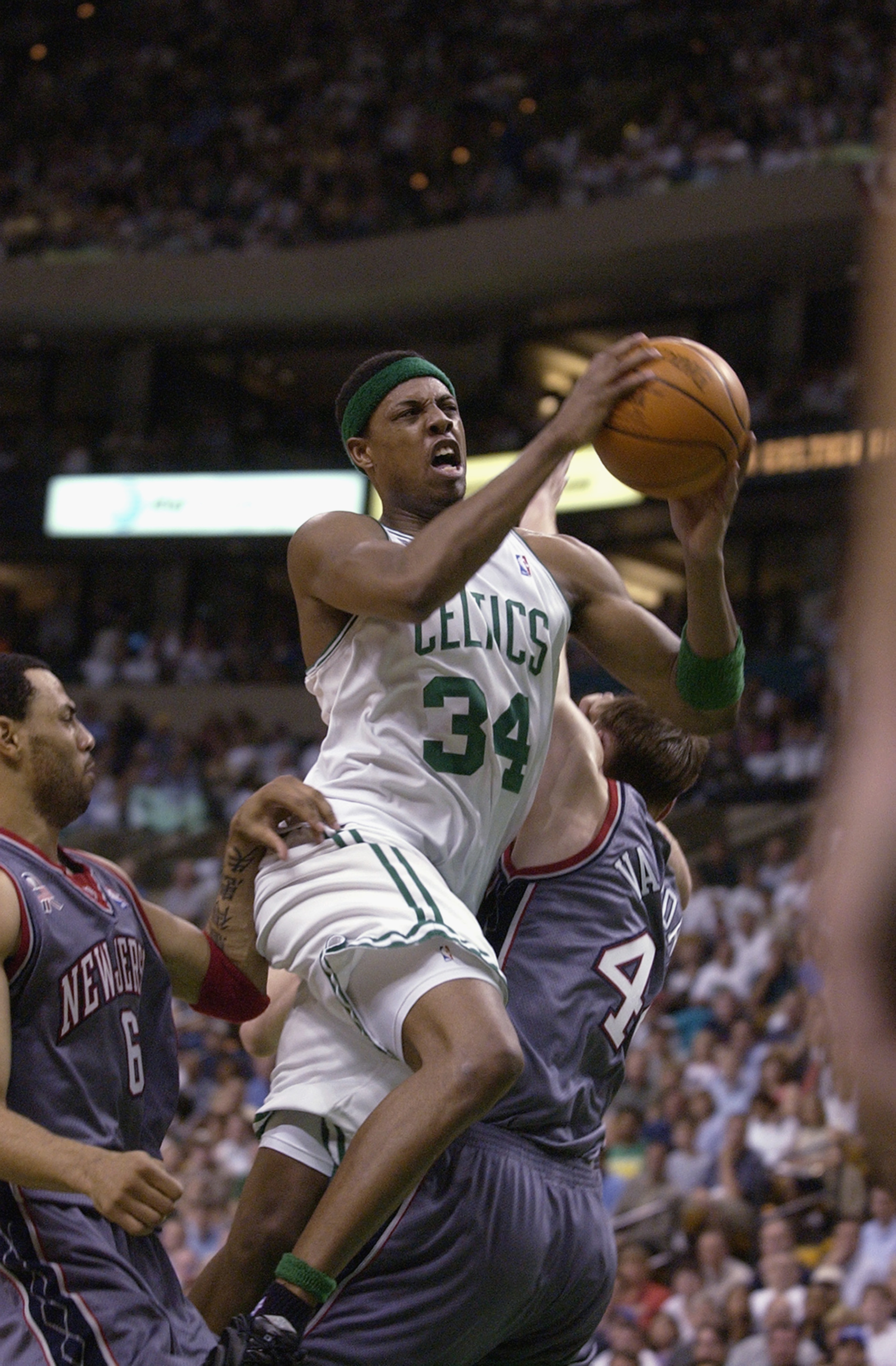 EAST RUTHERFORD, NJ - MAY 31:  Paul Pierce #34 of the Boston Celtics drives to the basket during the first period  of Game 6 of the Eastern Conference Finals at the Fleet Center in Boston Massachusetts on May 31, 2002. NOTE TO USER: User expressly acknowl