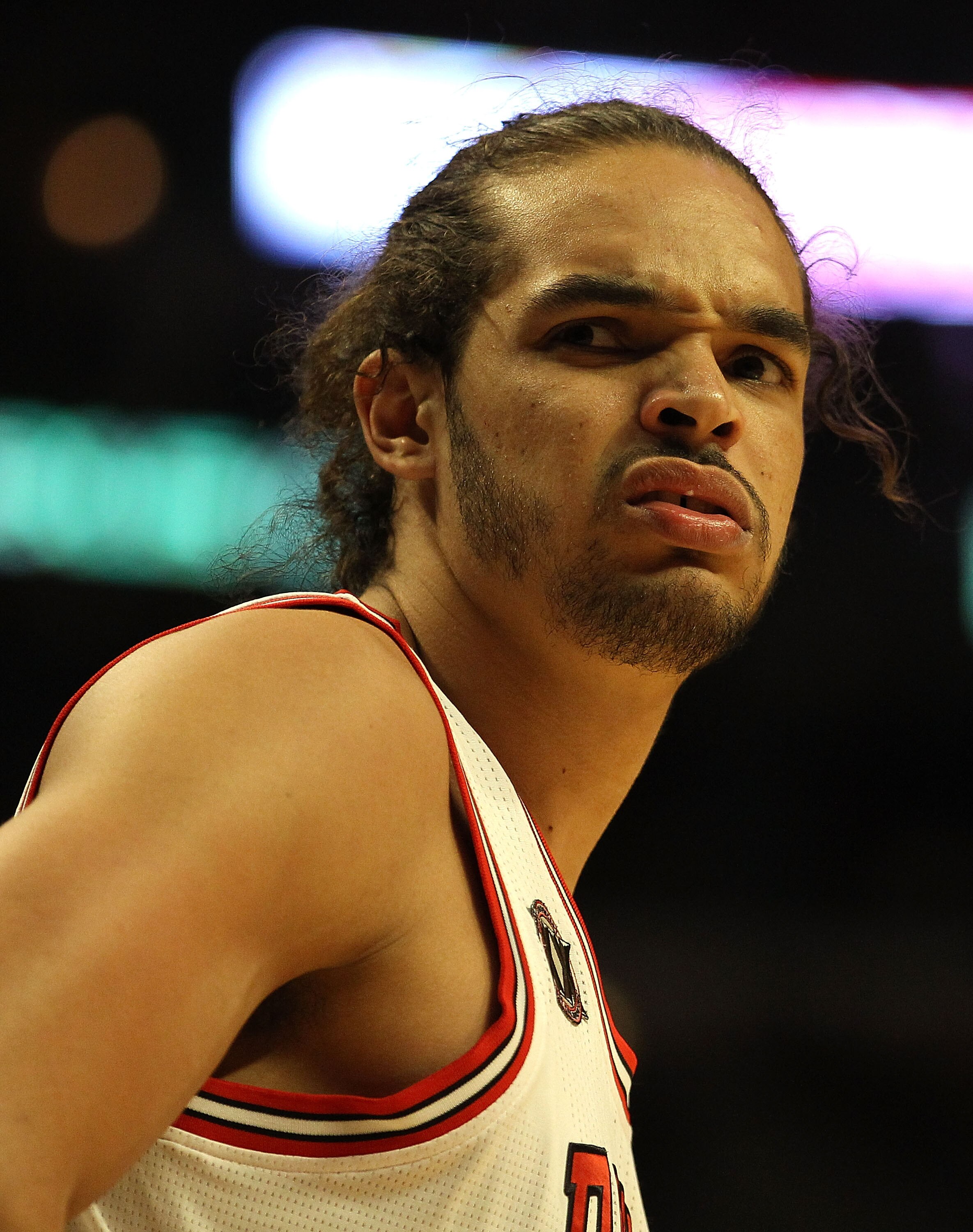 CHICAGO, IL - FEBRUARY 24: Joakim Noah #13 of the Chicago Bulls looks at a referee after being called for a foul against the Miami Heat at the United Center on February 24, 2011 in Chicago, Illinois. NOTE TO USER: User expressly acknowledges and agrees th