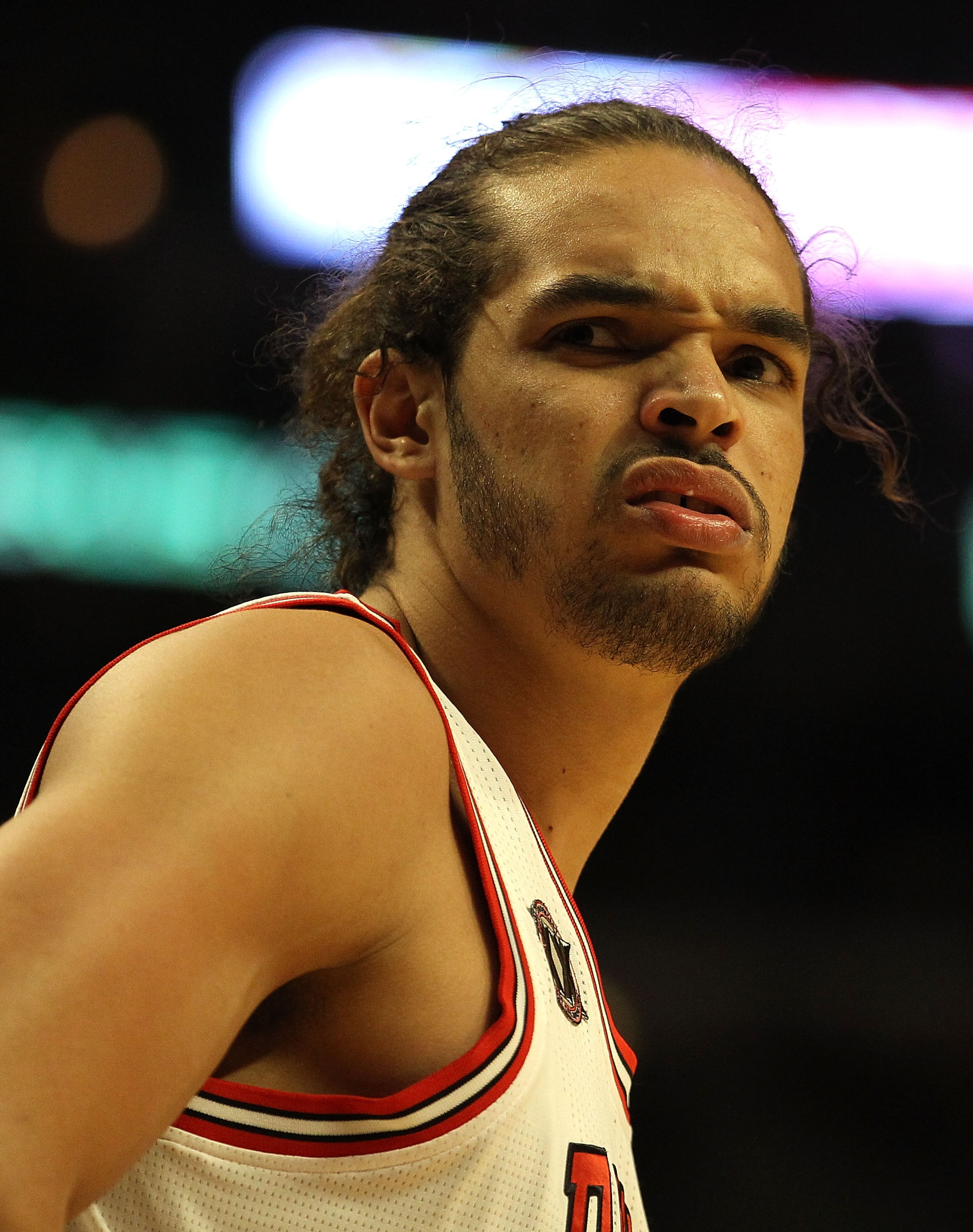 CHICAGO, IL - FEBRUARY 24: Joakim Noah #13 of the Chicago Bulls looks at a referee after being called for a foul against the Miami Heat at the United Center on February 24, 2011 in Chicago, Illinois. NOTE TO USER: User expressly acknowledges and agrees th