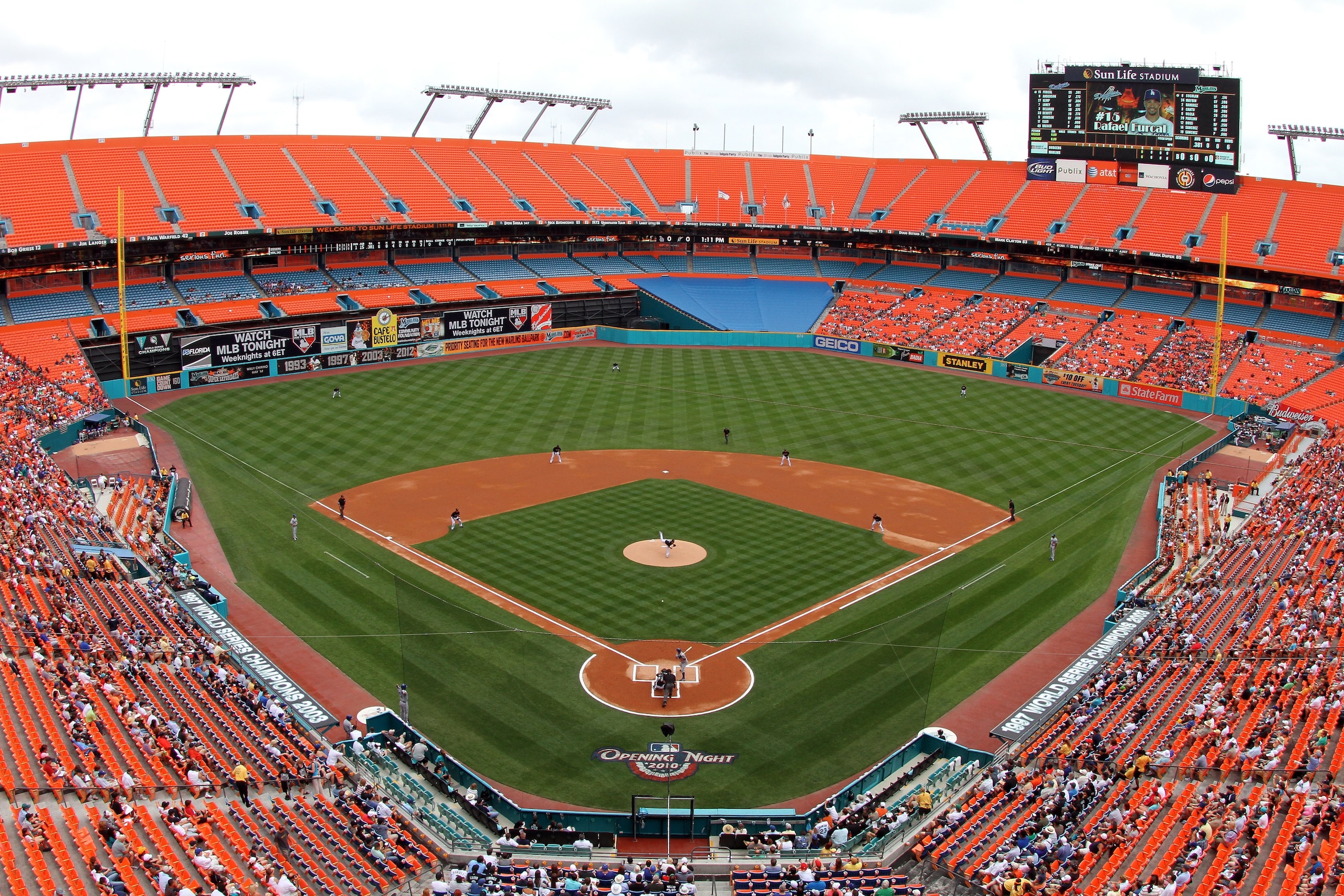 MIAMI - APRIL 11:  A view from high in the stadium in the first inning as the Los Angeles Dodgers take on the Florida Marlins at Sun Life Stadium on April 11, 2010 in Miami, Florida. The Marlins defeated the Dodgers 6-5.  (Photo by Doug Benc/Getty Images)