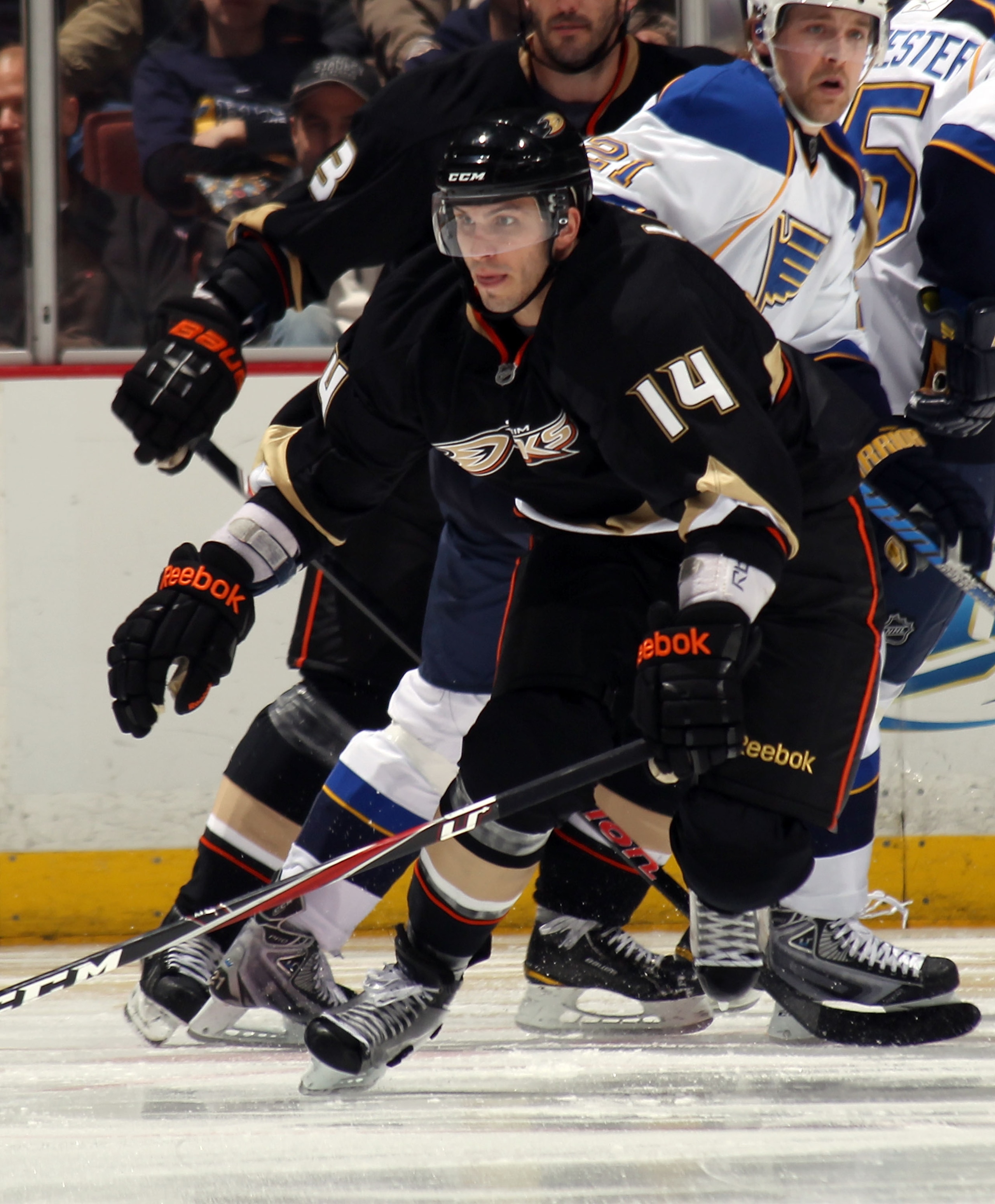 ANAHEIM, CA - JANUARY 12: Maxim Lapierre #14 of the Anaheim Ducks skates against the St. Louis Blues at the Honda Center on January 12, 2011 in Anaheim, California. (Photo by Bruce Bennett/Getty Images) ANAHEIM, CA - JANUARY 12: Maxim Lapierre #14 of the Anaheim Ducks skates against the St. Louis Blues at the Honda Center on January 12, 2011 in Anaheim, California. (Photo by Bruce Bennett/Getty Images)