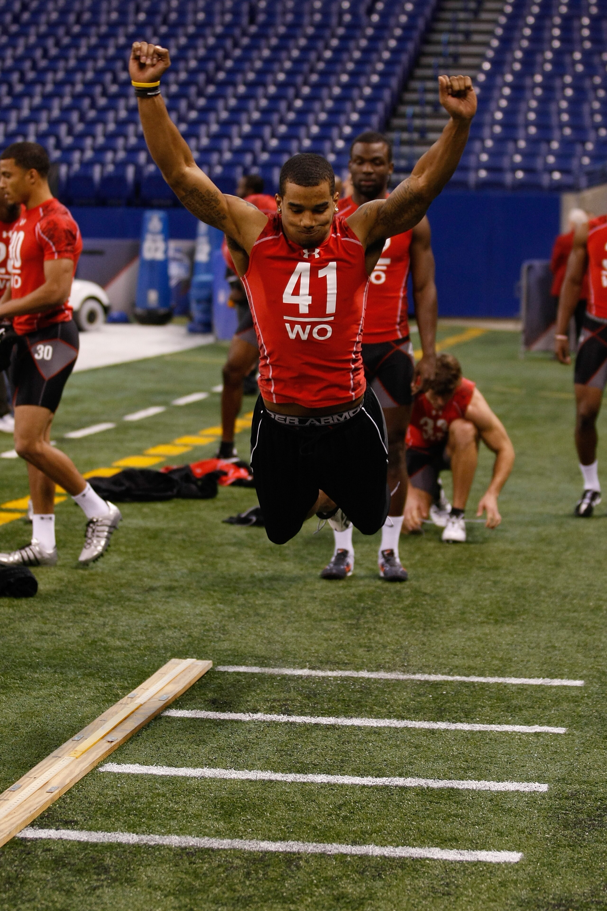 INDIANAPOLIS, IN - FEBRUARY 28: Wide receiver Kyle Williams of Arizona State performs the long jump during the NFL Scouting Combine presented by Under Armour at Lucas Oil Stadium on February 28, 2010 in Indianapolis, Indiana. (Photo by Scott Boehm/Getty I