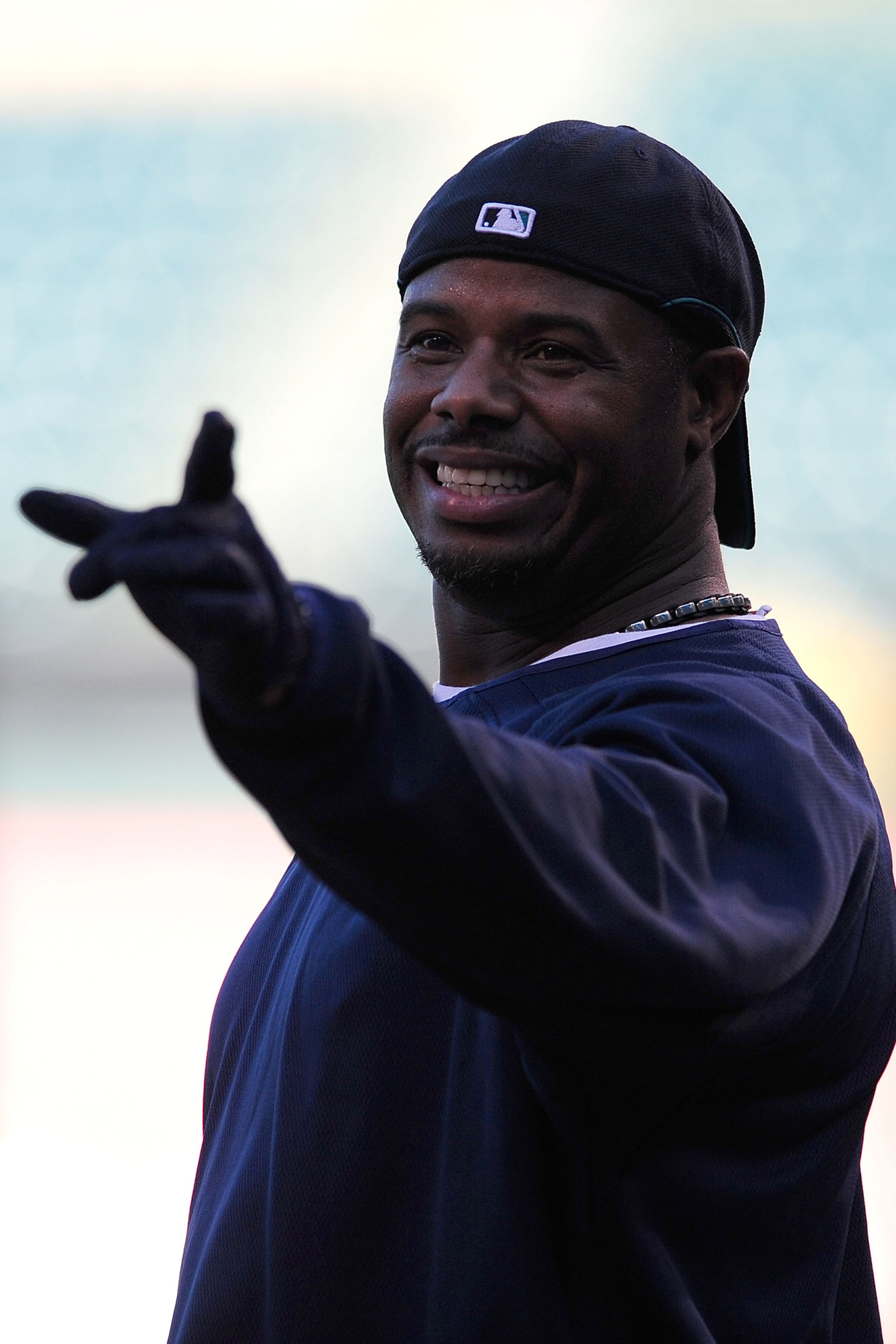 ANAHEIM, CA - SEPTEMBER 08:  Ken Griffey Jr. #24 of the Seattle Mariners jokes around with teammates during batting practice before the game against the Los Angeles Angels of Anaheim at Angel Stadium September 8, 2009 in Anaheim, California.  (Photo by Ja