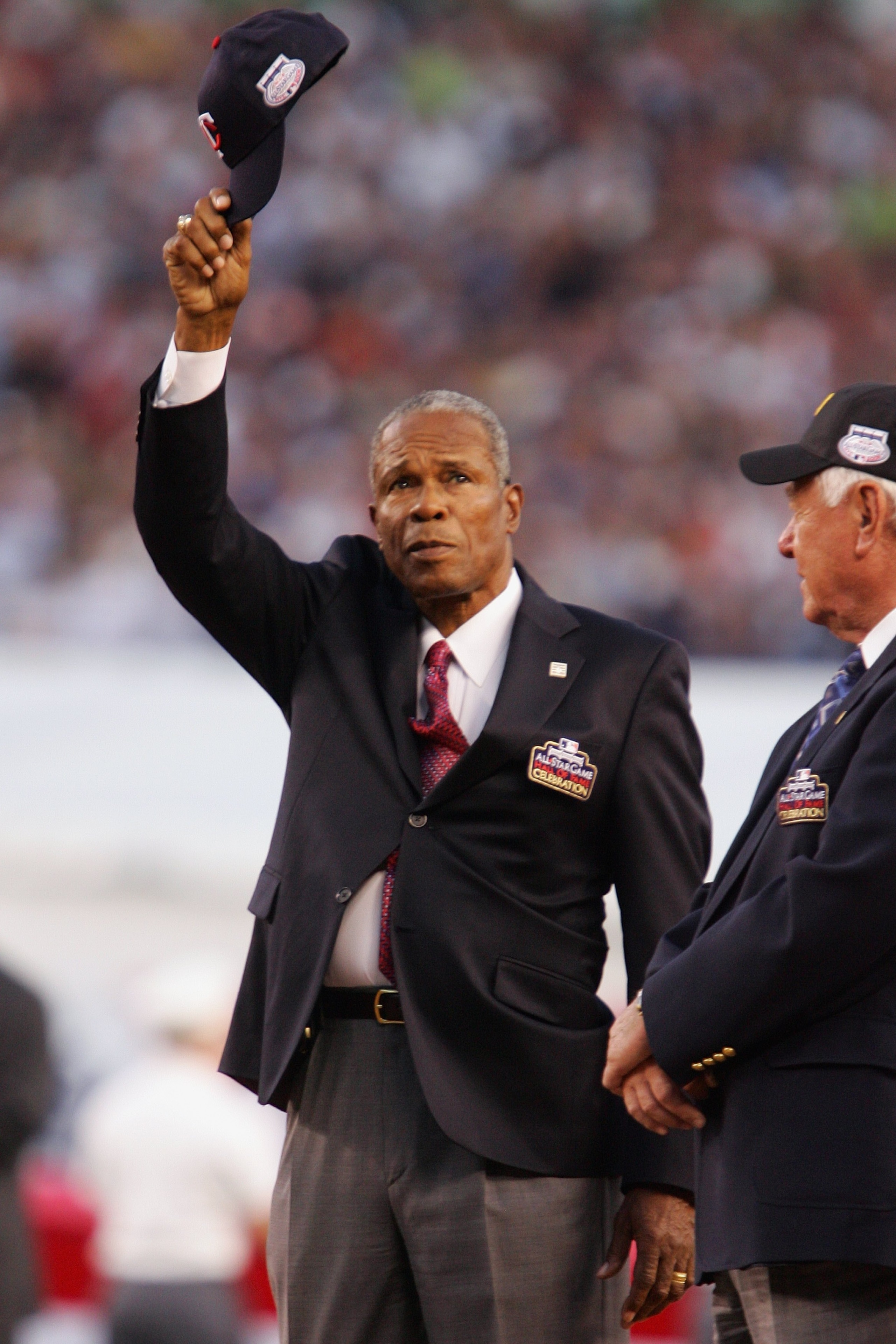 NEW YORK - JULY 15:  (L-R) Former MLB players Rod Carew of the Minnesota Twins stands on the field prior to the 79th MLB All-Star Game at Yankee Stadium on July 15, 2008 in the Bronx borough of New York City.  (Photo by Jim McIsaac/Getty Images)