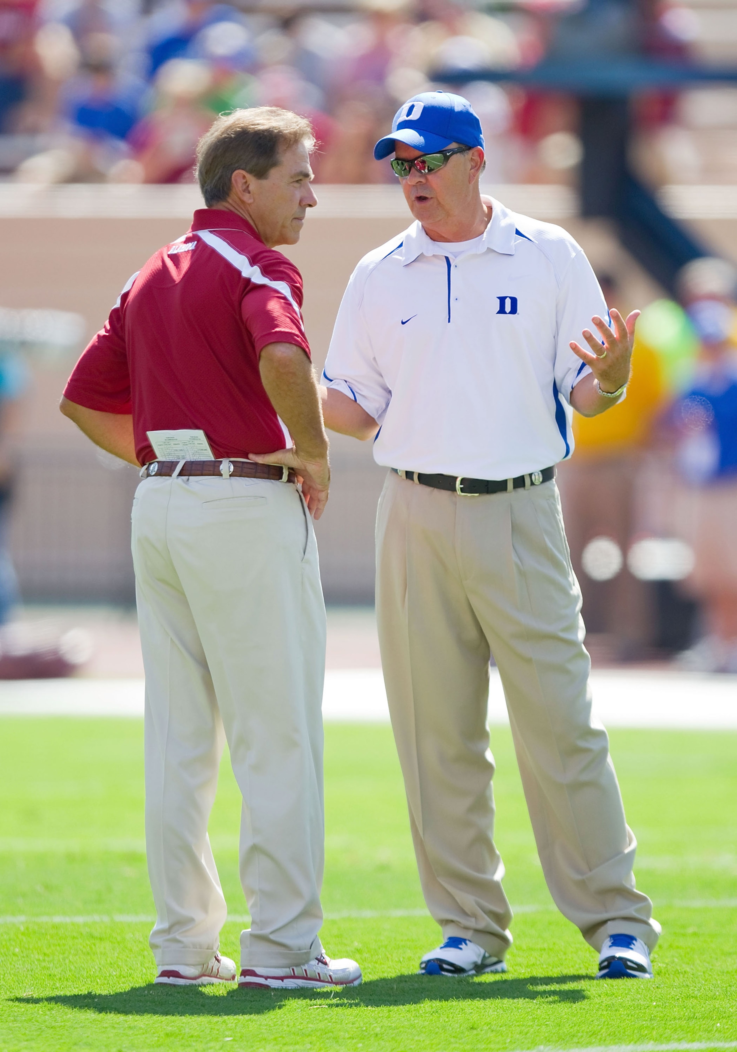 DURHAM, NC - SEPTEMBER 18: Duke Blue Devils head coach David Cutcliffe (R) talks with Alabama Crimson Tide head coach Nick Saban prior to the start of their game at Wallace Wade Stadium on September 18, 2010 in Durham, North Carolina.  The Crimson Tide de