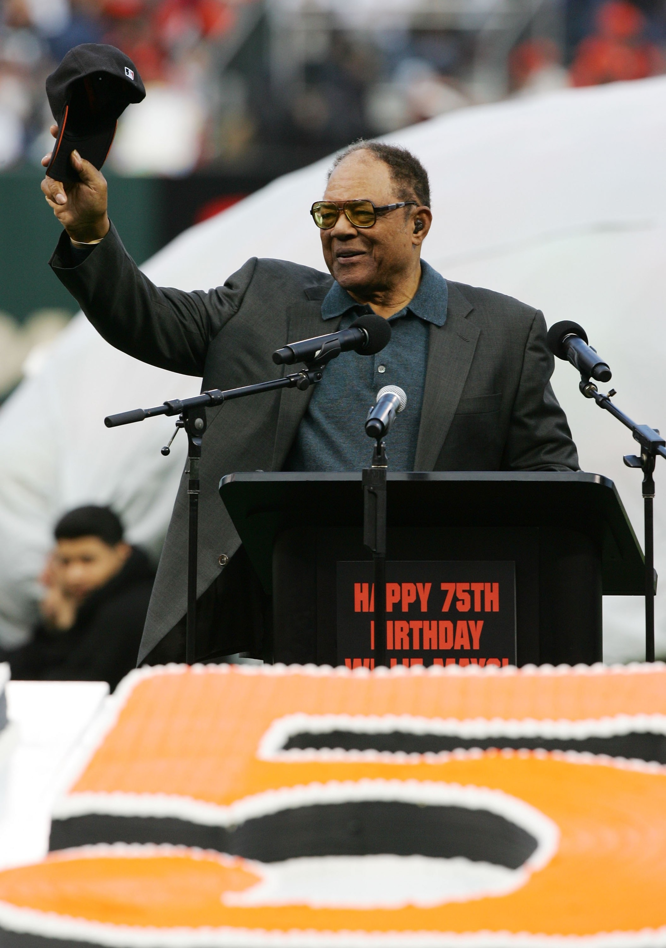 SAN FRANCISCO - MAY 12:  Willie Mays celebrates his 75th birthday with fans and friends before the game between the San Francisco Giants and the Los Angeles Dodgers at AT&T Park on May 12, 2006 in San Francisco, California.  (Photo by Jed Jacobsohn/Getty