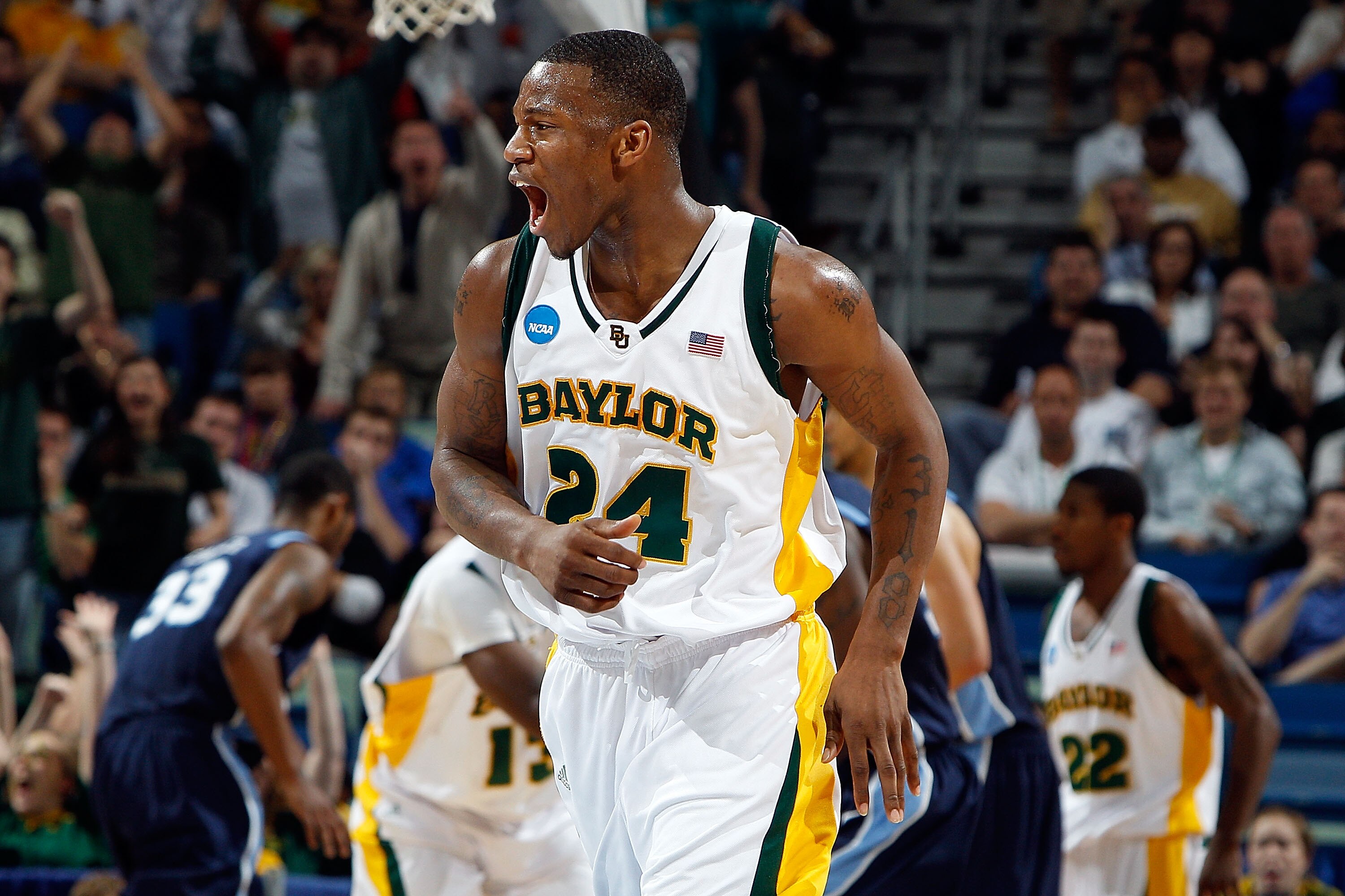 NEW ORLEANS - MARCH 20:  LaceDarius Dunn #24 of the Baylor Bears reacts after a three point shot late in the game against Old Dominion University Monarchs during the second round of the 2010 NCAA men's basketball tournament at the New Orleans Arena on Mar