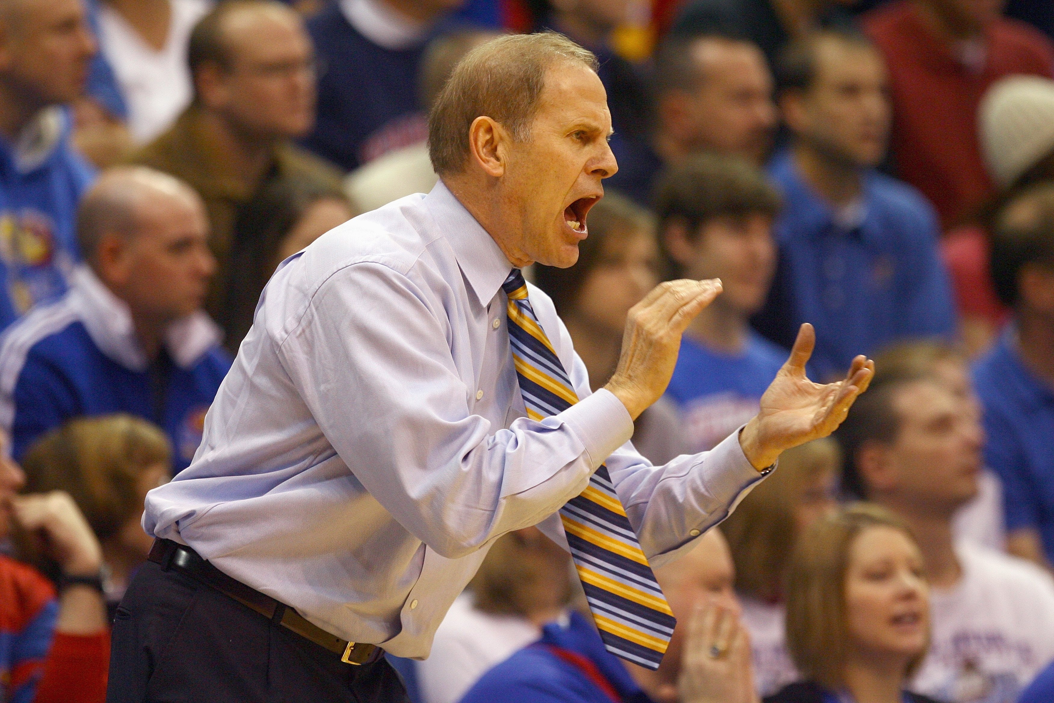 LAWRENCE, KS - DECEMBER 19: Head coach John Beilein of the Mighigan Wolverines yells during the game against the Kansas Jayhawks on December 19, 2009 at Allen Fieldhouse in Lawrence, Kansas. (Photo by Jamie Squire/Getty Images)