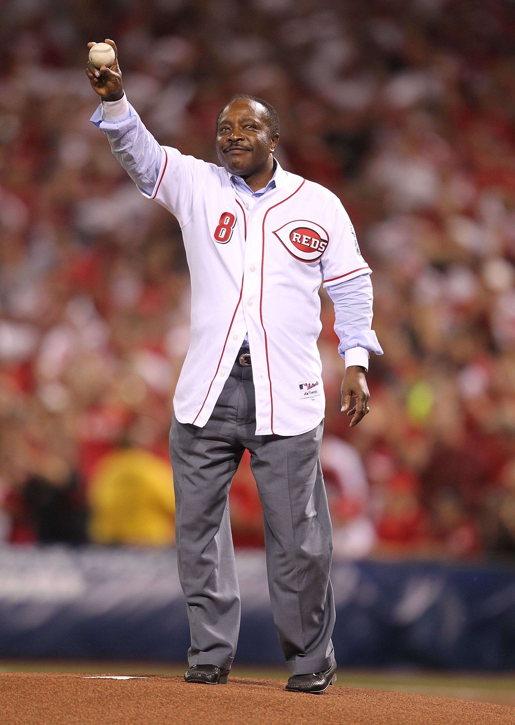CINCINNATI - OCTOBER 10:  Joe Morgan waves to the crowd before throwing out the first pitch before the Philadelphia Phillies game against the Cincinnati Reds during Game 3 of the NLDS at Great American Ball Park on October 10, 2010 in Cincinnati, Ohio.  (