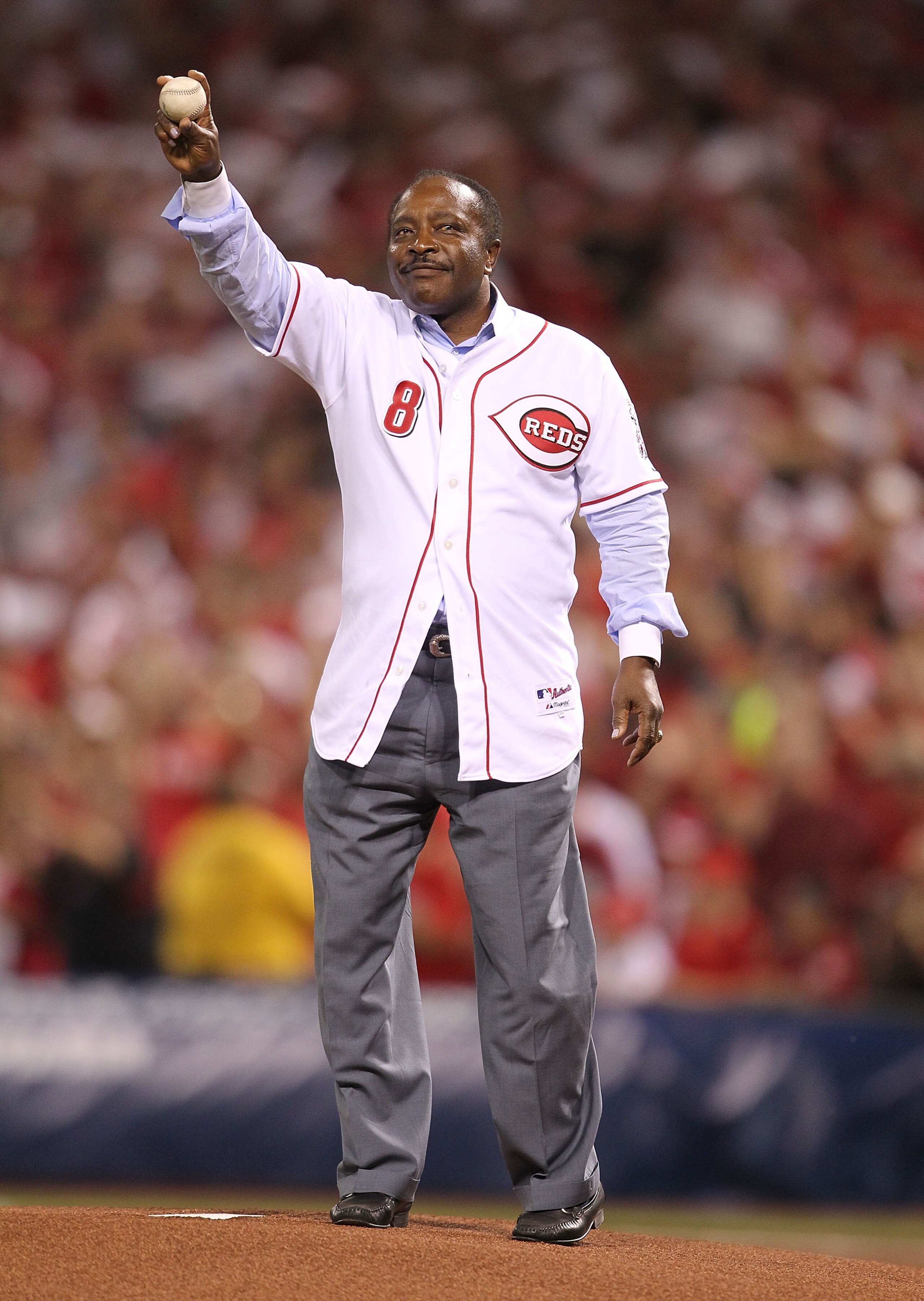 CINCINNATI - OCTOBER 10:  Joe Morgan waves to the crowd before throwing out the first pitch before the Philadelphia Phillies game against the Cincinnati Reds during Game 3 of the NLDS at Great American Ball Park on October 10, 2010 in Cincinnati, Ohio.  (