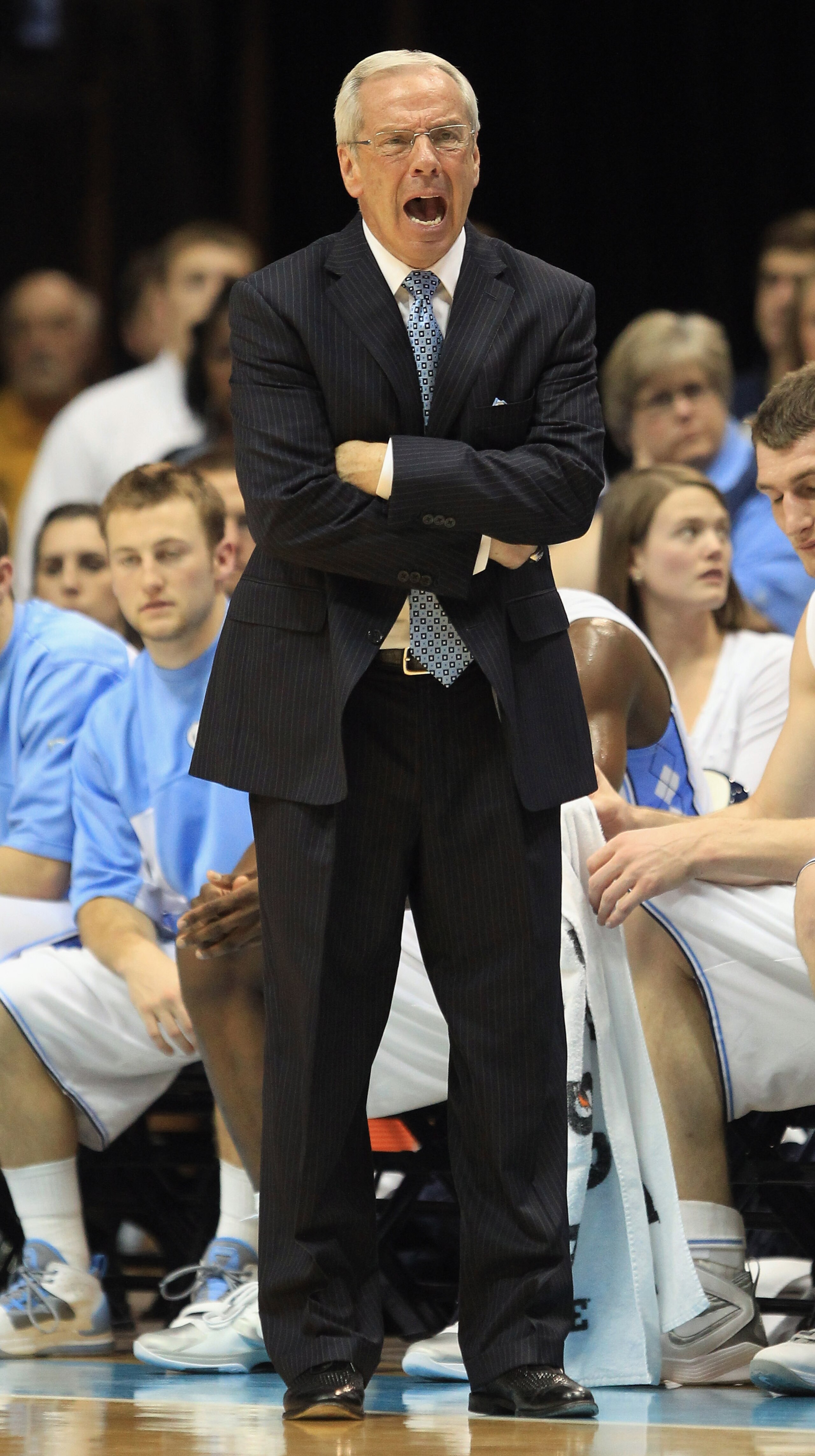 CHAPEL HILL, NC - FEBRUARY 27:  Head coach Roy Williams of the North Carolina Tar Heels yells at his team during their game against the Maryland Terrapins at the Dean E. Smith Center on February 27, 2011 in Chapel Hill, North Carolina.  (Photo by Streeter
