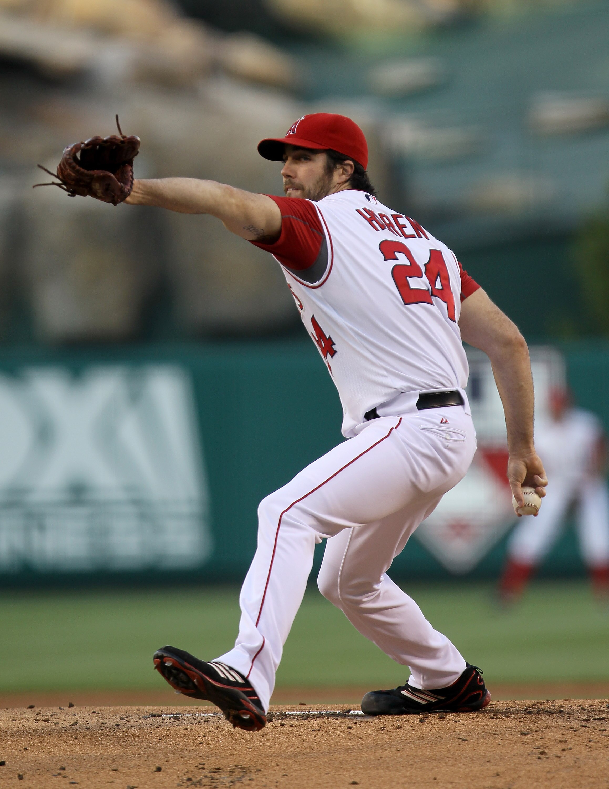 ANAHEIM, CA - SEPTEMBER 06:  Dan Haren #24 of the Los Angeles Angels of Anaheim pitches against the Cleveland Indians on September 6, 2010 at Angel Stadium in Anaheim, California.  (Photo by Stephen Dunn/Getty Images)